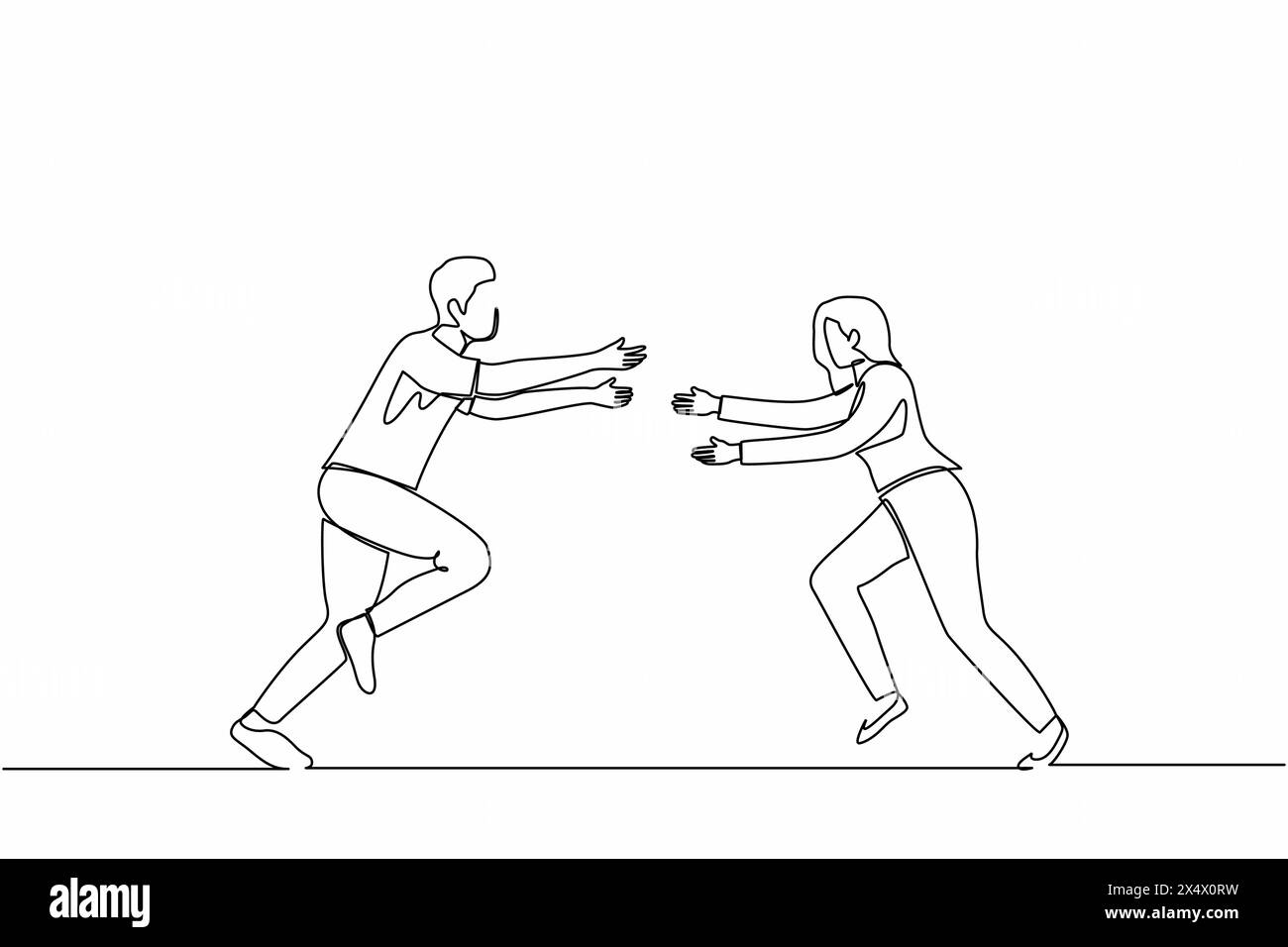 Continu une ligne dessinant heureux homme et femme courir pour se rencontrer. La femme veut embrasser un ami masculin. Couple heureux. Rencontre d'amis, Love con Illustration de Vecteur