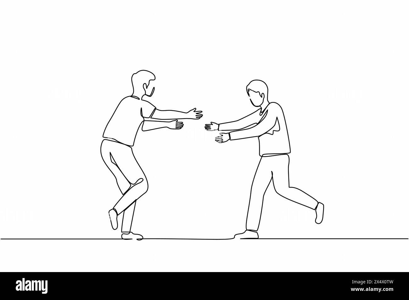 Une seule ligne continue dessinant deux gars heureux courent pour se rencontrer. Mâles qui s'embrassent et rient. Rencontre d'amis. Concept d'amitié masculine. Activé Illustration de Vecteur