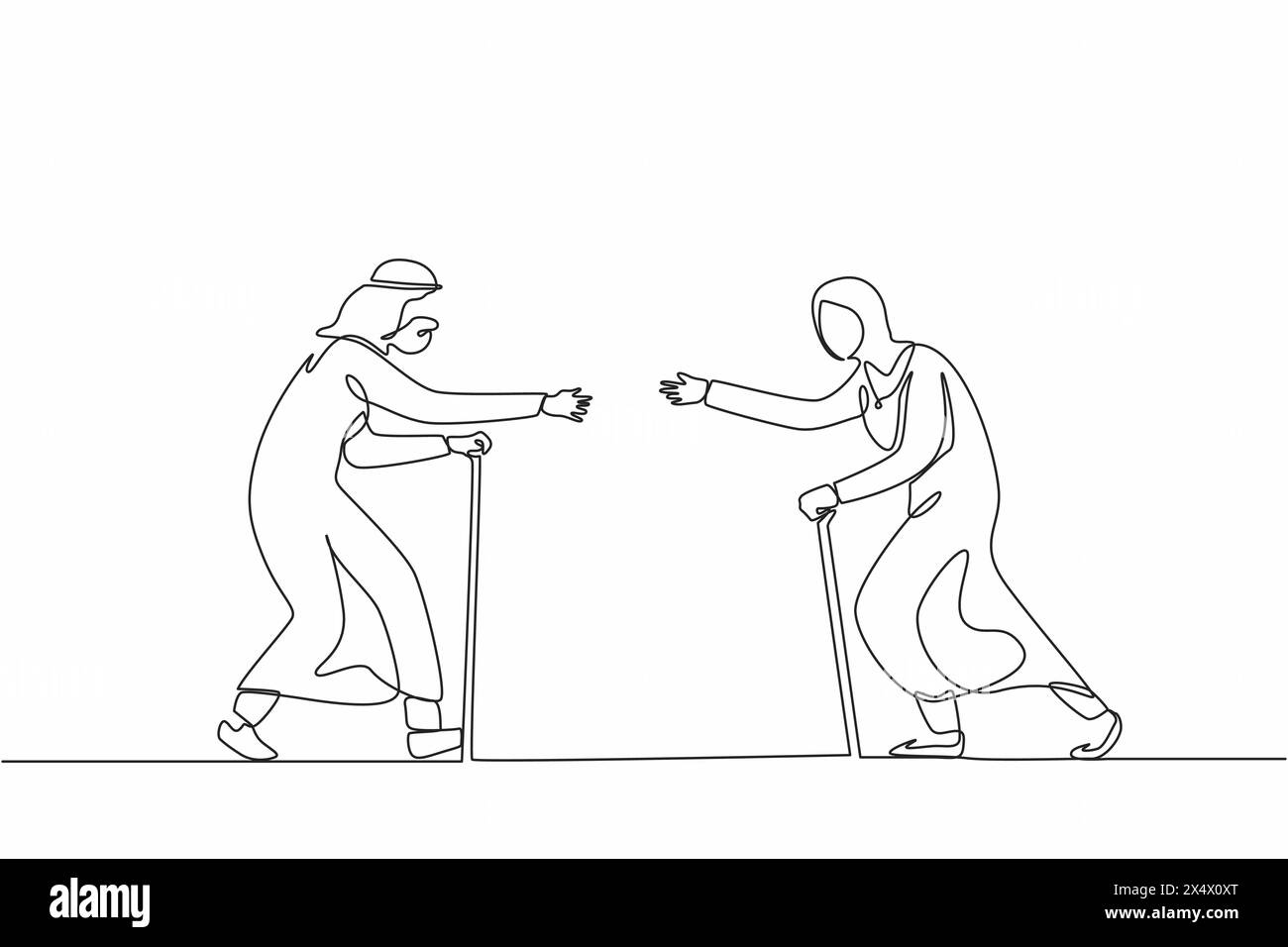 Simple une ligne dessinant femme senior courant dans les câlins à l'homme. Les personnes âgées courent les unes vers les autres. Heureux grand-père arabe et grand-mère se réunissant au loin Illustration de Vecteur