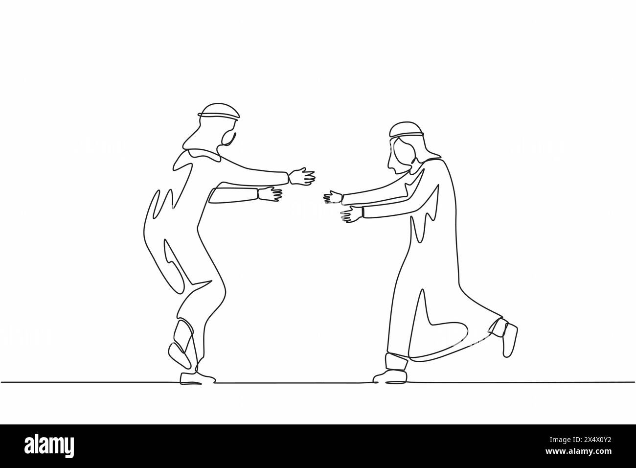 Une seule ligne continue dessinant deux joyeux gars arabes courent pour se rencontrer. Mâles qui s'embrassent et rient. Rencontre d'amis. Rencontre de l'amitié masculine. Illustration de Vecteur