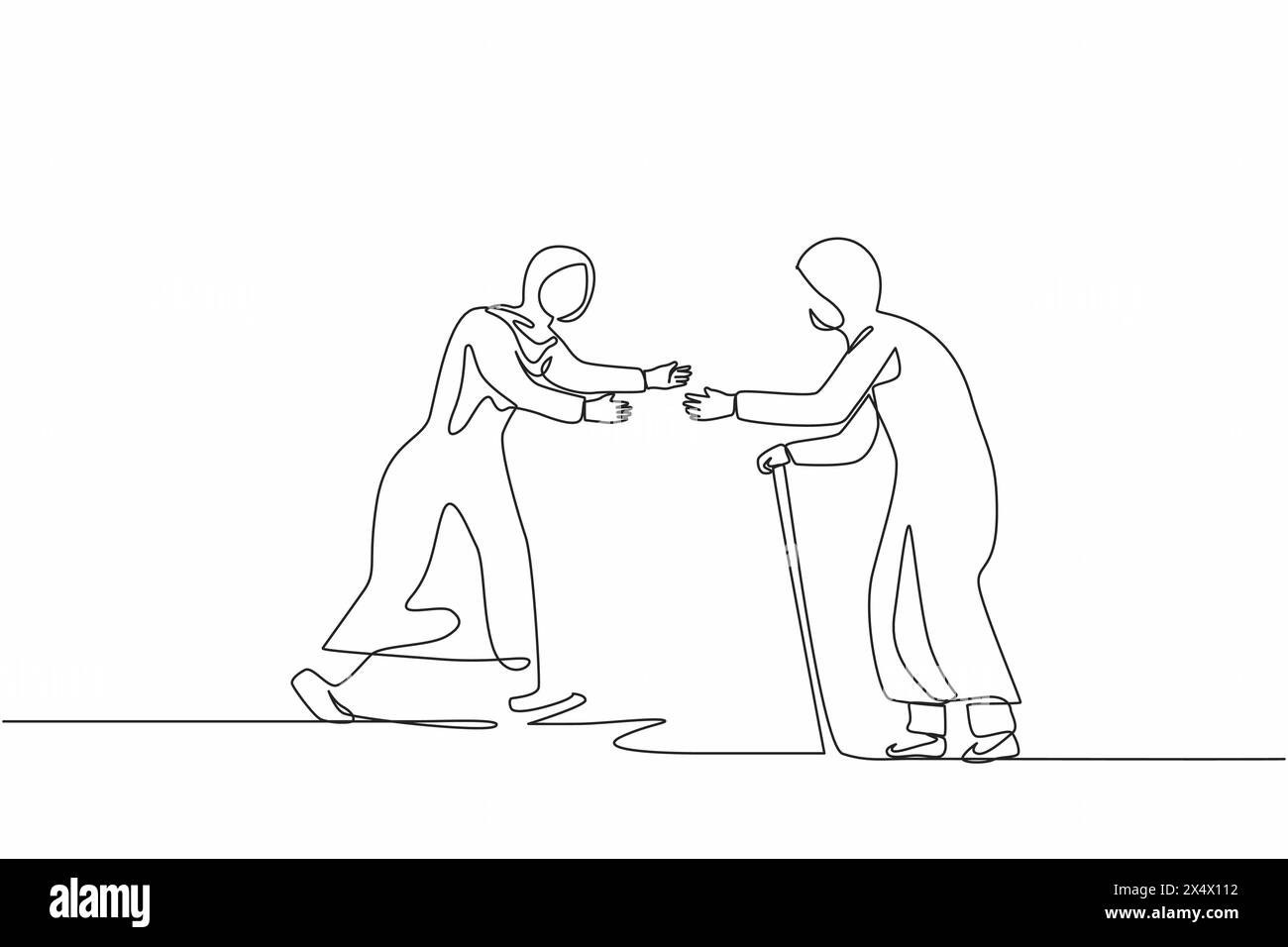 Continue d'une ligne dessinant femme arabe heureuse courant pour rencontrer grand-mère. Vacances à la maison des grands-parents. Mère, femme âgée, retraitée, été Illustration de Vecteur