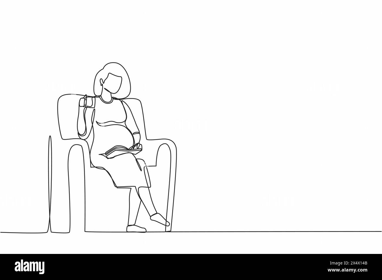 Ligne continue unique dessinant une jeune femme enceinte assise sur un canapé, lisant un livre et buvant du thé. Soirée cosy avec boisson chaude. En dehors de l'hiver. O Illustration de Vecteur