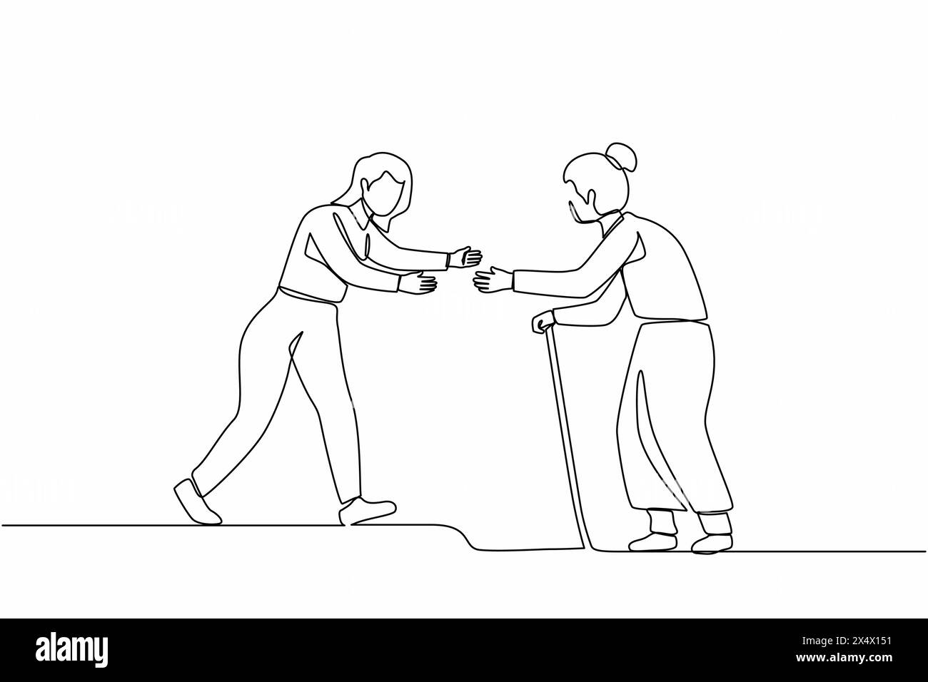 Continue d'une ligne dessinant femme heureuse courir pour rencontrer grand-mère. Vacances à la maison des grands-parents. Mère, femme âgée, retraitée, été, vacance Illustration de Vecteur