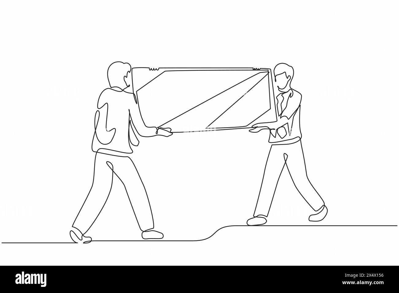 Chargeurs mâles à dessin continu d'une ligne transportant un grand miroir vers un nouveau bureau. Deux hommes d'affaires avec des meubles dans le hall du bâtiment. Déménagement dans un nouvel appartement, Illustration de Vecteur