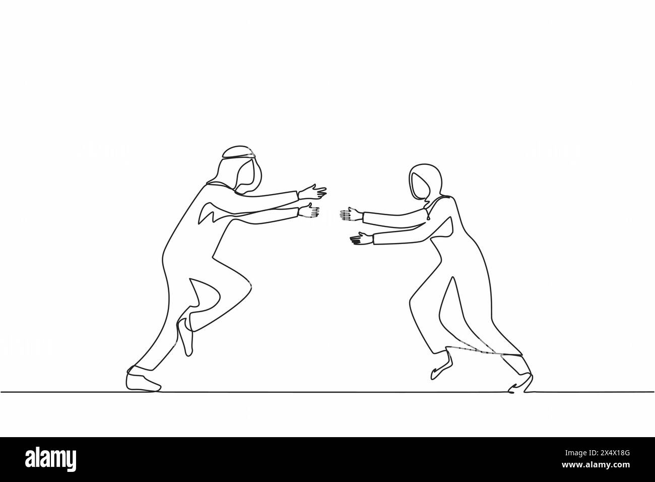 Une seule ligne continue dessinant un homme arabe heureux et une femme courent pour se rencontrer. La femme veut embrasser un ami masculin. Couple heureux. Rencontre d'amis, Illustration de Vecteur