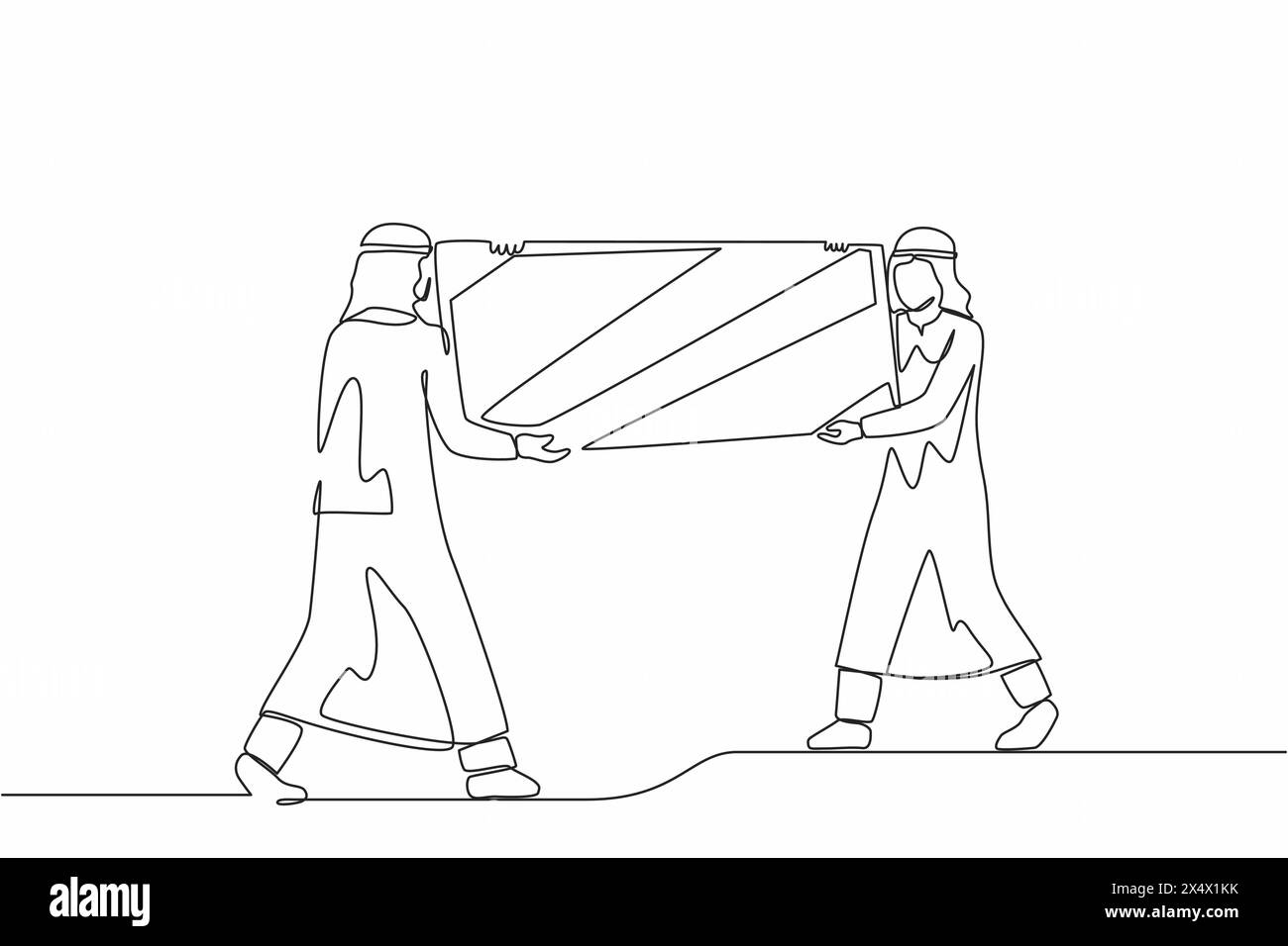 Chargeurs mâles à dessin d'une seule ligne transportant un grand miroir vers le nouveau bureau. Deux hommes d'affaires arabes avec des meubles dans le hall du bâtiment. Déménagement dans un nouvel appartement. Illustration de Vecteur