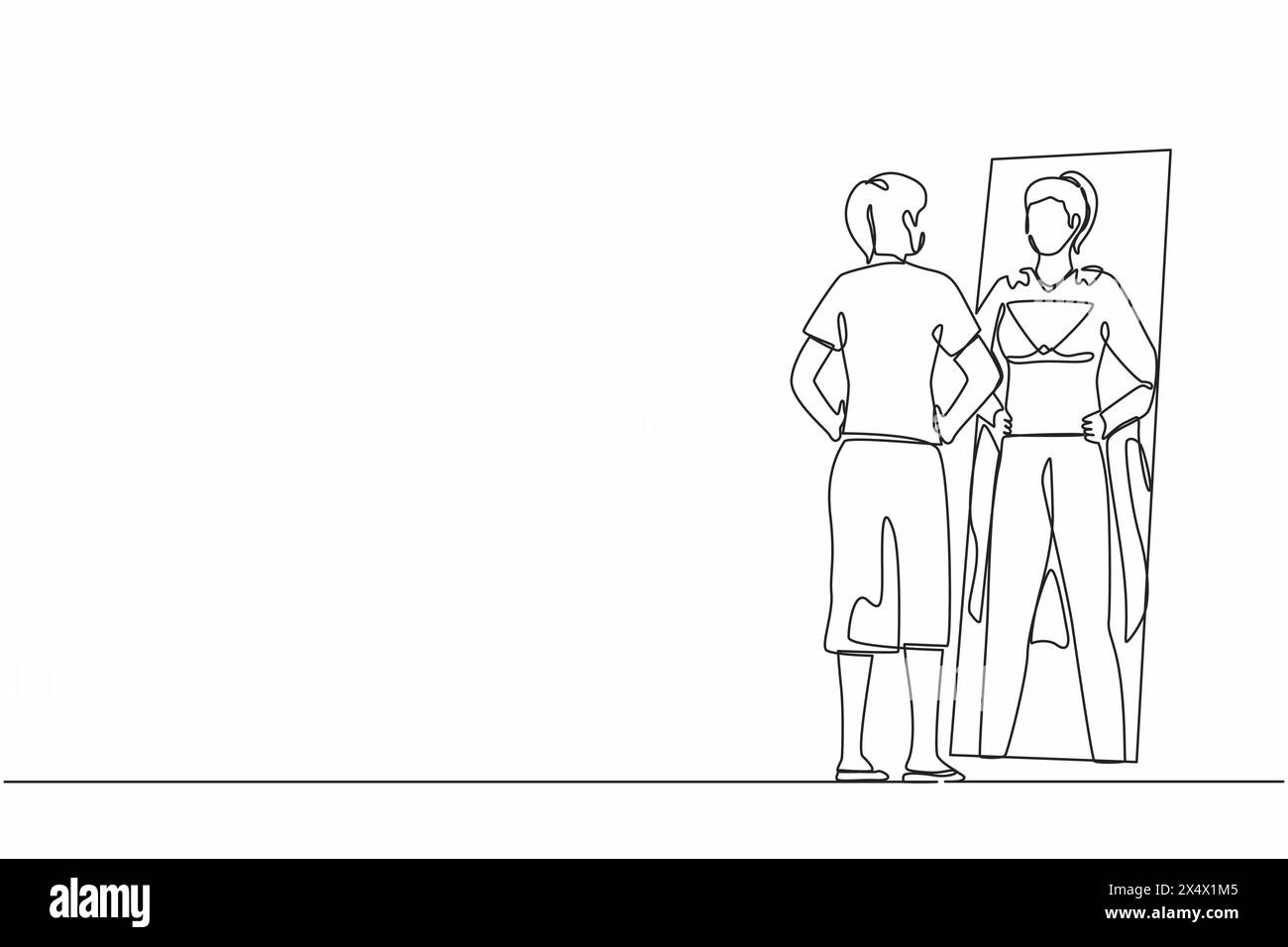 Simple une ligne dessinant femme d'affaires regardant le reflet dans le miroir et voyant super héros debout. Leadership, ambition et confiance en soi. Contin Illustration de Vecteur