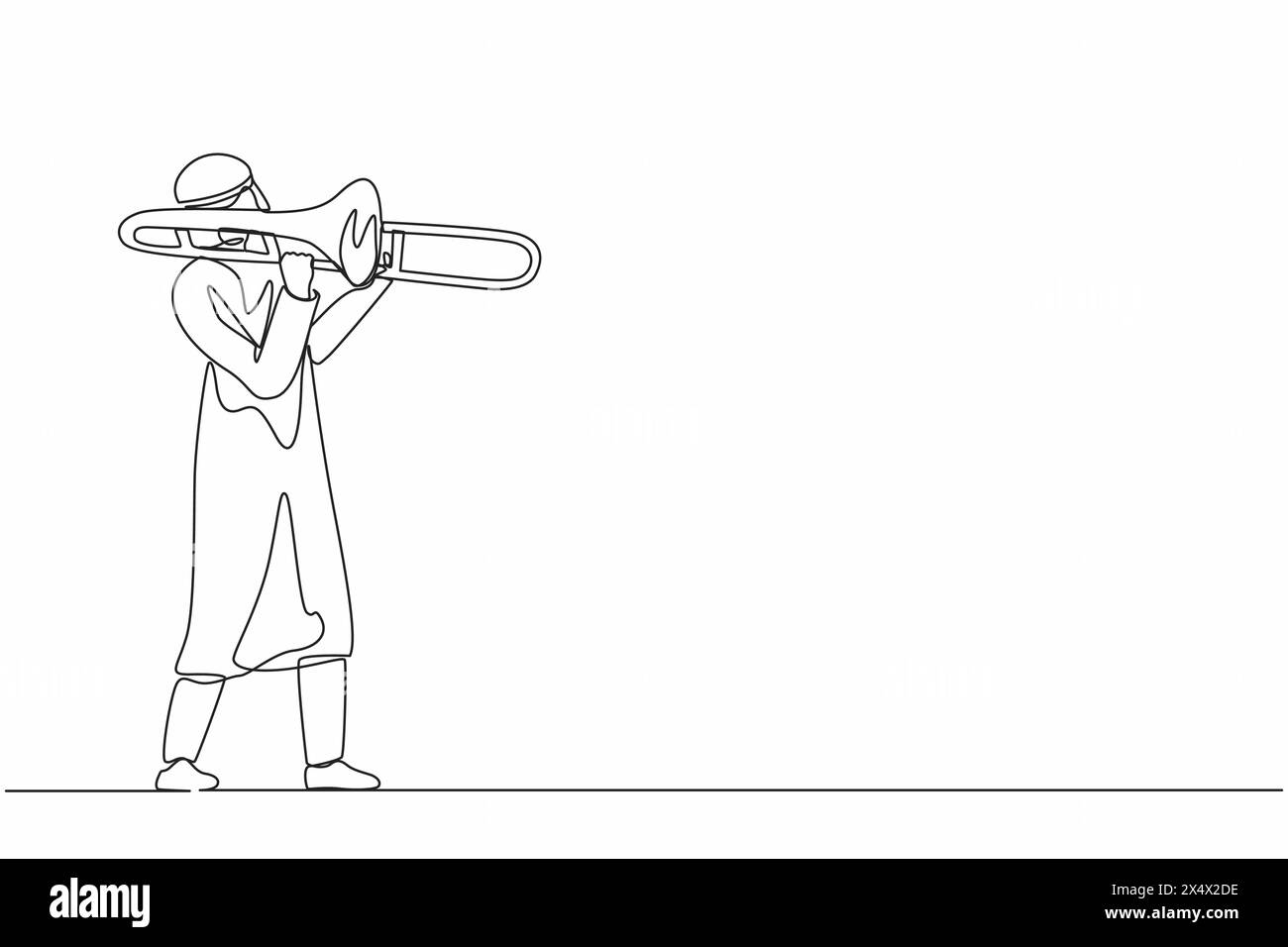 Ligne continue dessinant un trombone arabe. Instrument à vent pour un artiste masculin. Artiste musical garçon. Jazz Man. Le musicien joue de la trompette. Classique m Illustration de Vecteur