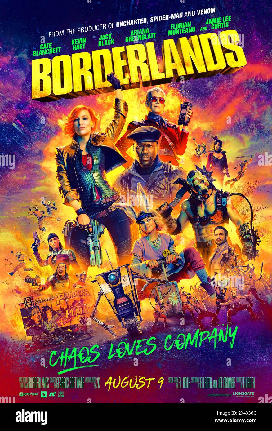 Borderlands (2024) réalisé par Eli Roth et mettant en vedette Cate Blanchett, Ariana Greenblatt, Haley Bennett, Jamie Lee Curtis et Kevin Hart. Un long métrage basé sur le jeu vidéo populaire se déroulant sur la planète fictive abandonnée de Pandore où les gens recherchent une relique mystérieuse. Affiche US One Sheet ***USAGE ÉDITORIAL SEULEMENT***. Crédit : BFA / Lionsgate Banque D'Images