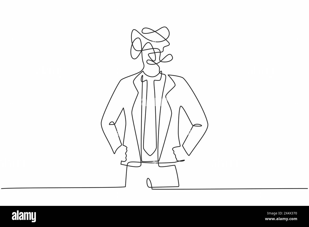 Homme d'affaires de dessin de ligne continue simple avec des griffonnages ronds au lieu d'une tête. Directeur exécutif de sexe masculin en costume officiel debout et tenant la main sur Illustration de Vecteur