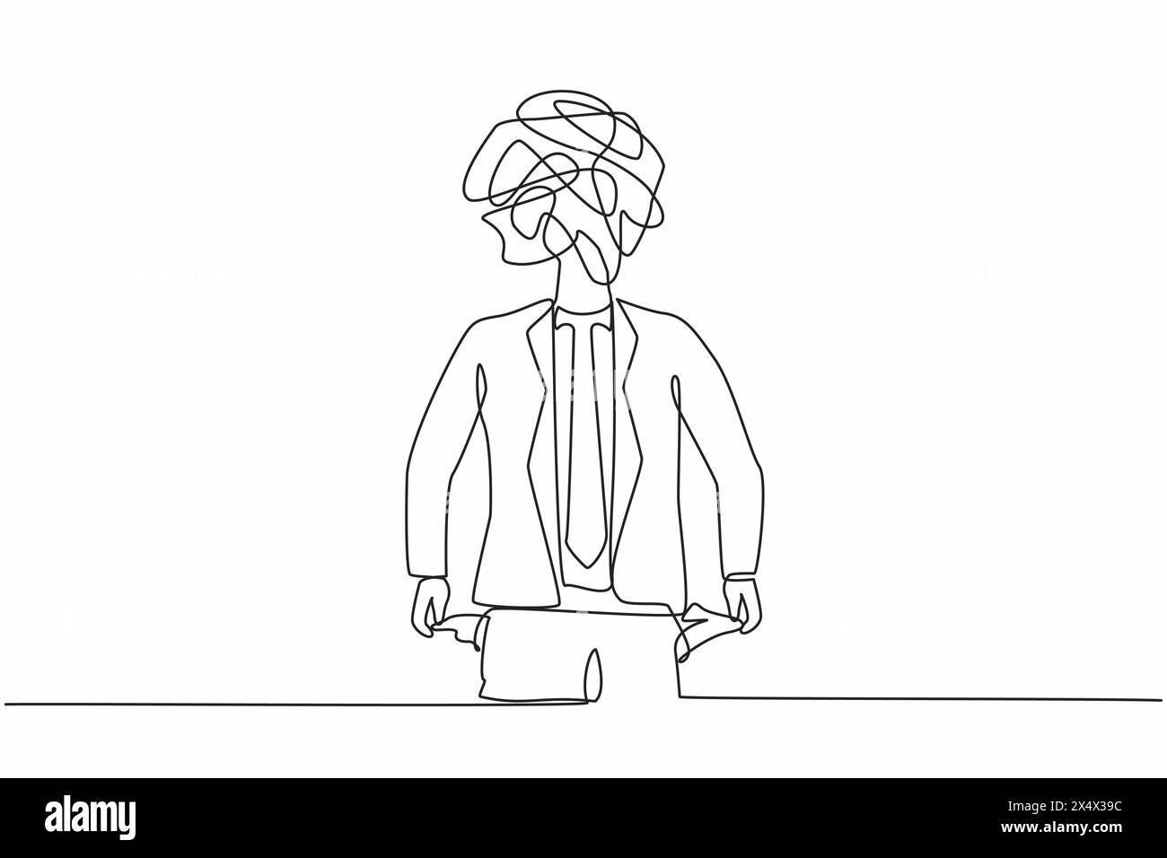Simple homme d'affaires dessinant une ligne avec des griffonnages ronds au lieu d'une tête. Travailleur avec les poches tournées vers l'extérieur, n'ayant pas d'argent. Concept de personne cassé. Illustration de Vecteur