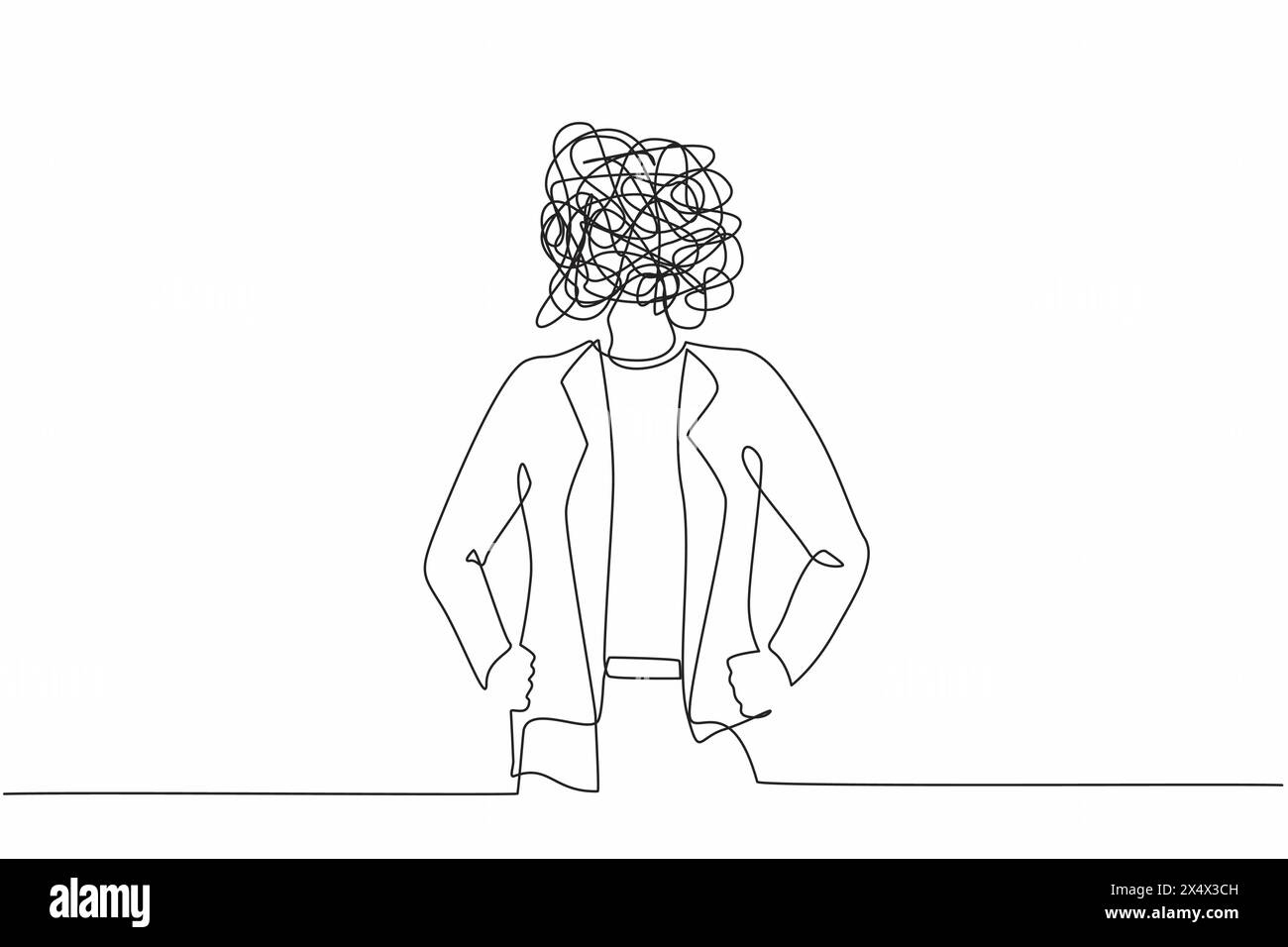 Simple une ligne dessinant la femme d'affaires avec des griffonnages ronds au lieu de la tête. Cadre supérieur féminin en blazer debout et tenant la main sur la hanche. Conti Illustration de Vecteur