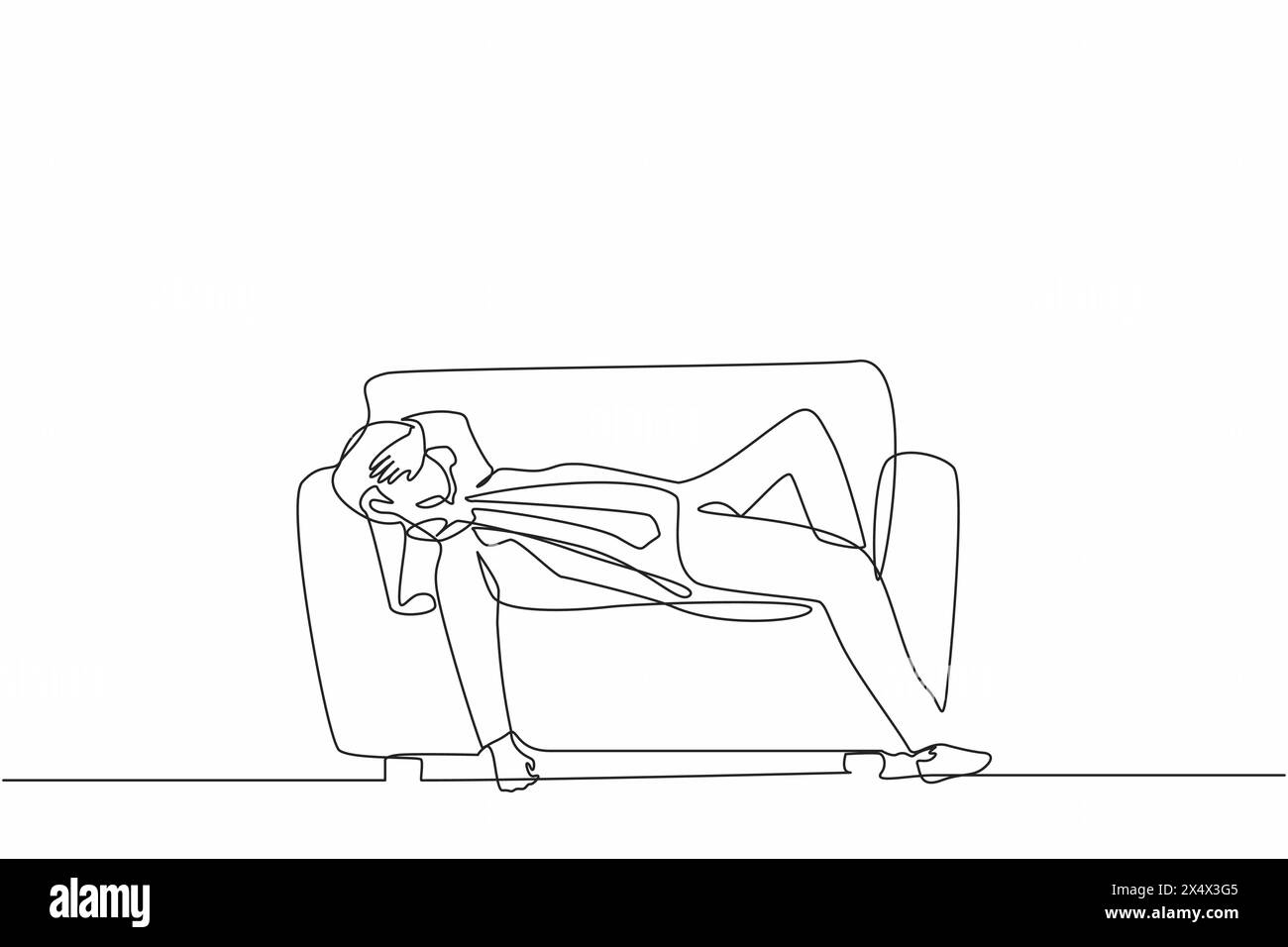 Simple une ligne dessinant malheureux homme d'affaires triste fatigué humeur somnolente reposant sur le canapé. Travailleur frustré tenant sa tête allongée sur le canapé. Stressé et anxi Illustration de Vecteur