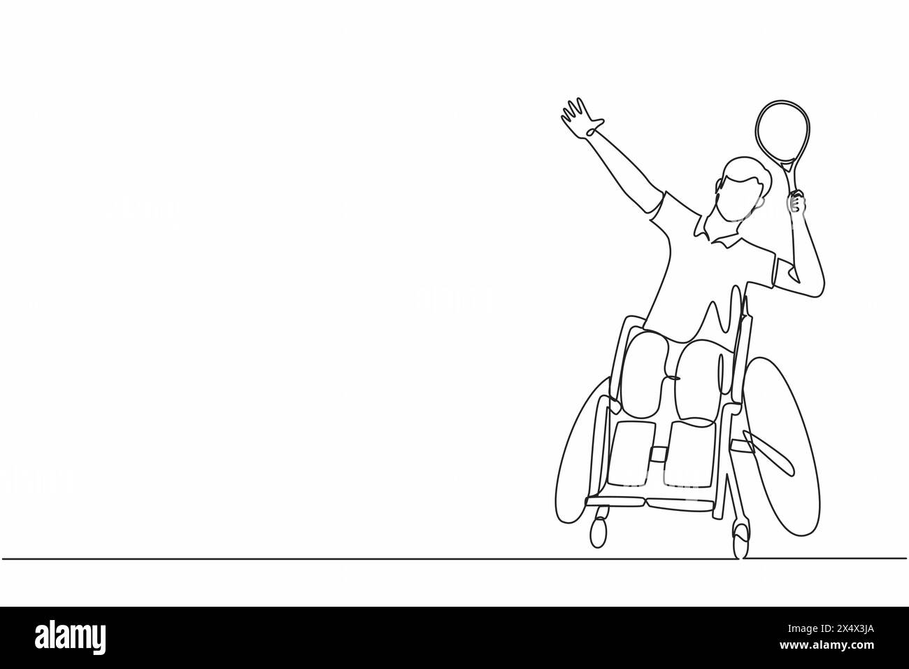 Joueur de badminton dessinant une seule ligne continue assis sur un fauteuil roulant avec une posture de smash. Les sportifs handicapés portent un uniforme, jeune homme amputé sport compe Illustration de Vecteur