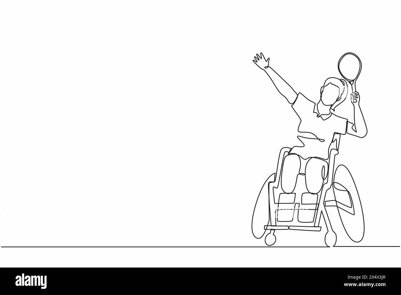 Joueur de badminton dessinant une seule ligne assis sur un fauteuil roulant avec une posture smash. Les femmes sportives handicapées portent un uniforme, amputée femme sport compétition. C Illustration de Vecteur