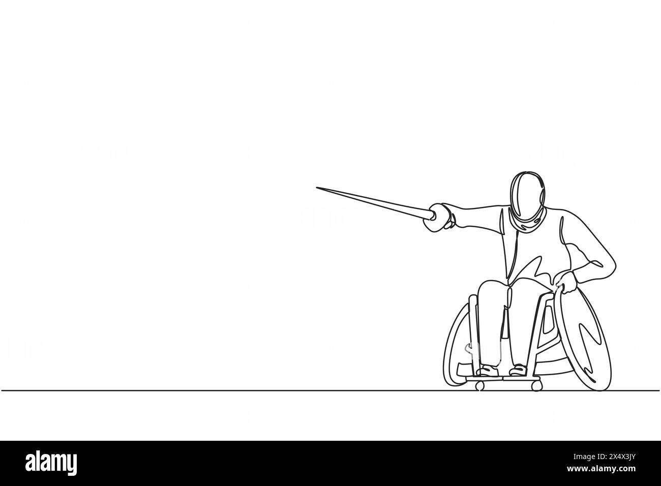 Ligne continue unique dessinant une clôture handicapée jeune homme dans un fauteuil roulant. Épéiste handicapé avec rapière. Concept pour le sport, les jeux d'été, la récupération Illustration de Vecteur