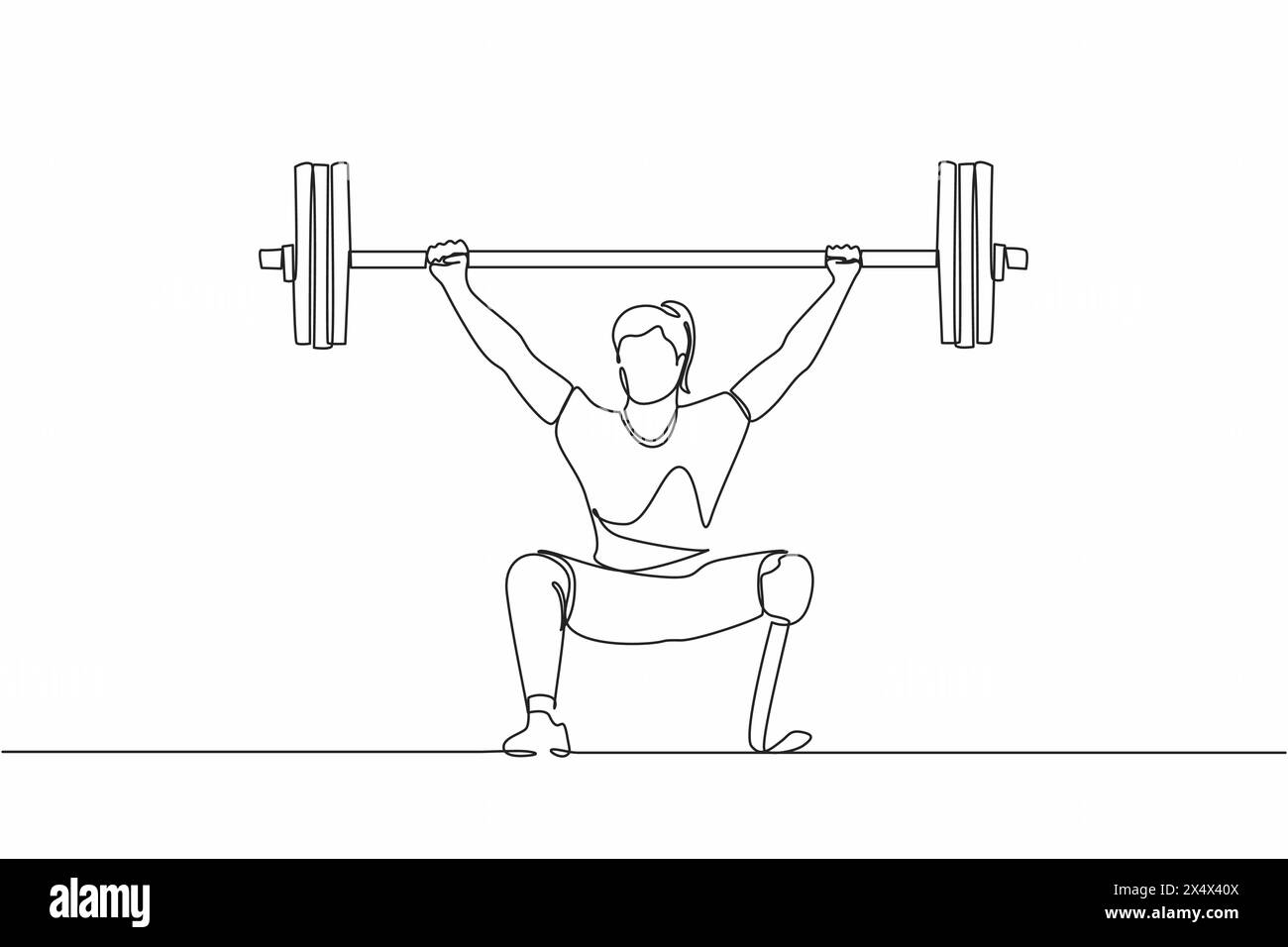 Ligne continue unique dessinant un haltérophile femme handicapée avec des jambes amputées. Femme amputée, sportive poids lourd. Amélioration de la prothèse bionique l Illustration de Vecteur