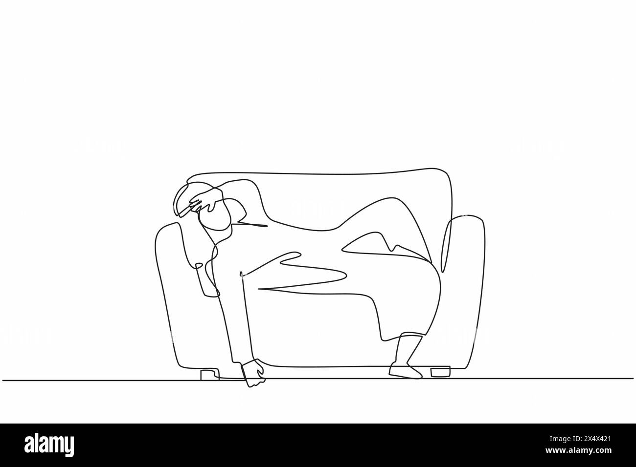 Simple une ligne dessinant malheureux homme d'affaires arabe fatigué humeur somnolente reposant sur le canapé. Travailleur frustré tenant sa tête allongée sur le canapé. Stressé, anxiet Illustration de Vecteur