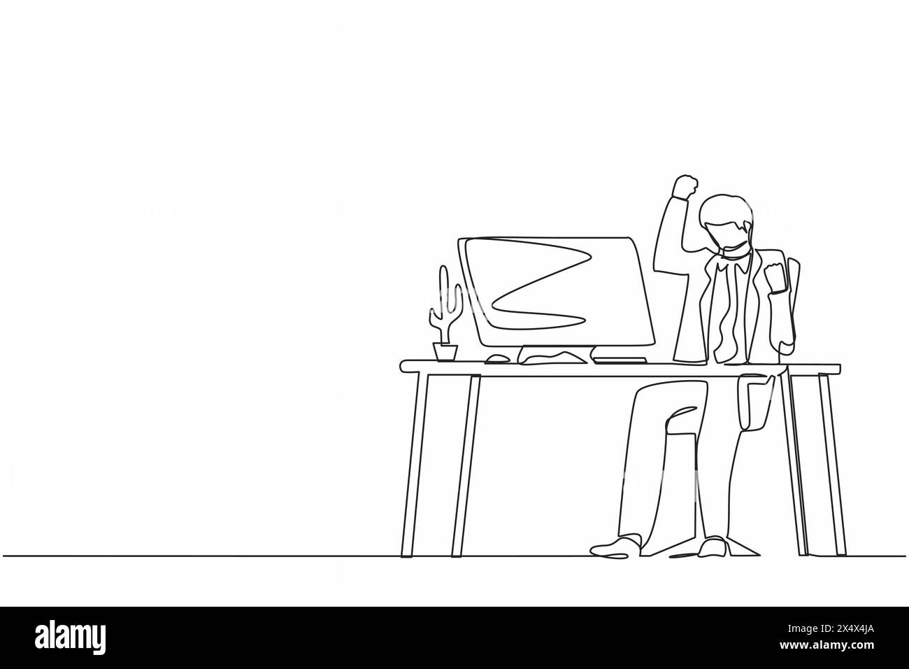 Simple ligne continue dessinant homme d'affaires heureux assis sur le lieu de travail avec levé une main haute et levé l'autre. Le travailleur célèbre les augmentations de salaire Illustration de Vecteur Simple ligne continue dessinant homme d'affaires heureux assis sur le lieu de travail avec levé une main haute et levé l'autre. Le travailleur célèbre les augmentations de salaire Illustration de Vecteur