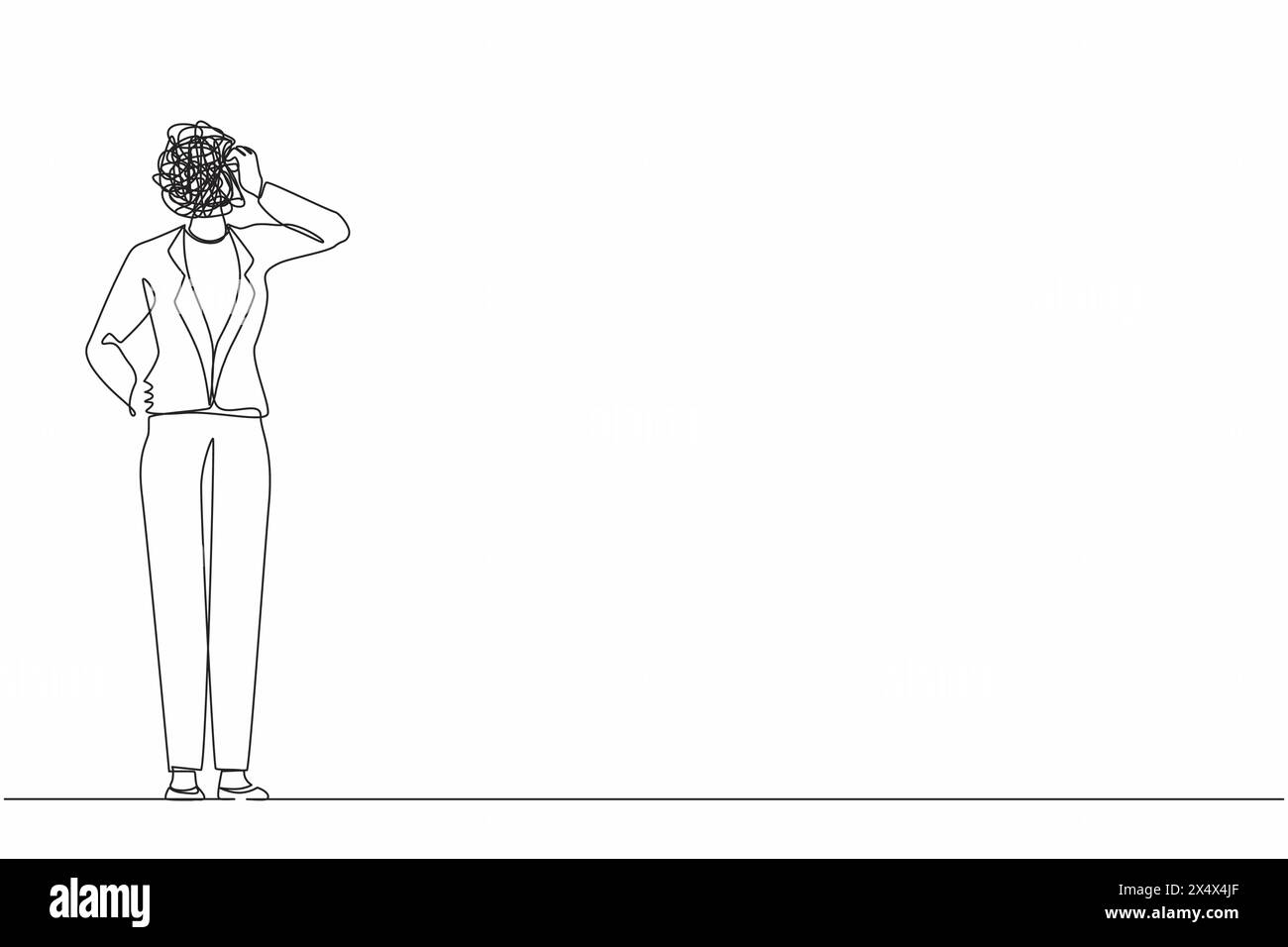 Continue d'une ligne dessinant femme d'affaires avec des griffonnages ronds au lieu d'une tête. Doutant femme debout et pensant, insatisfait grave inquiétant h Illustration de Vecteur