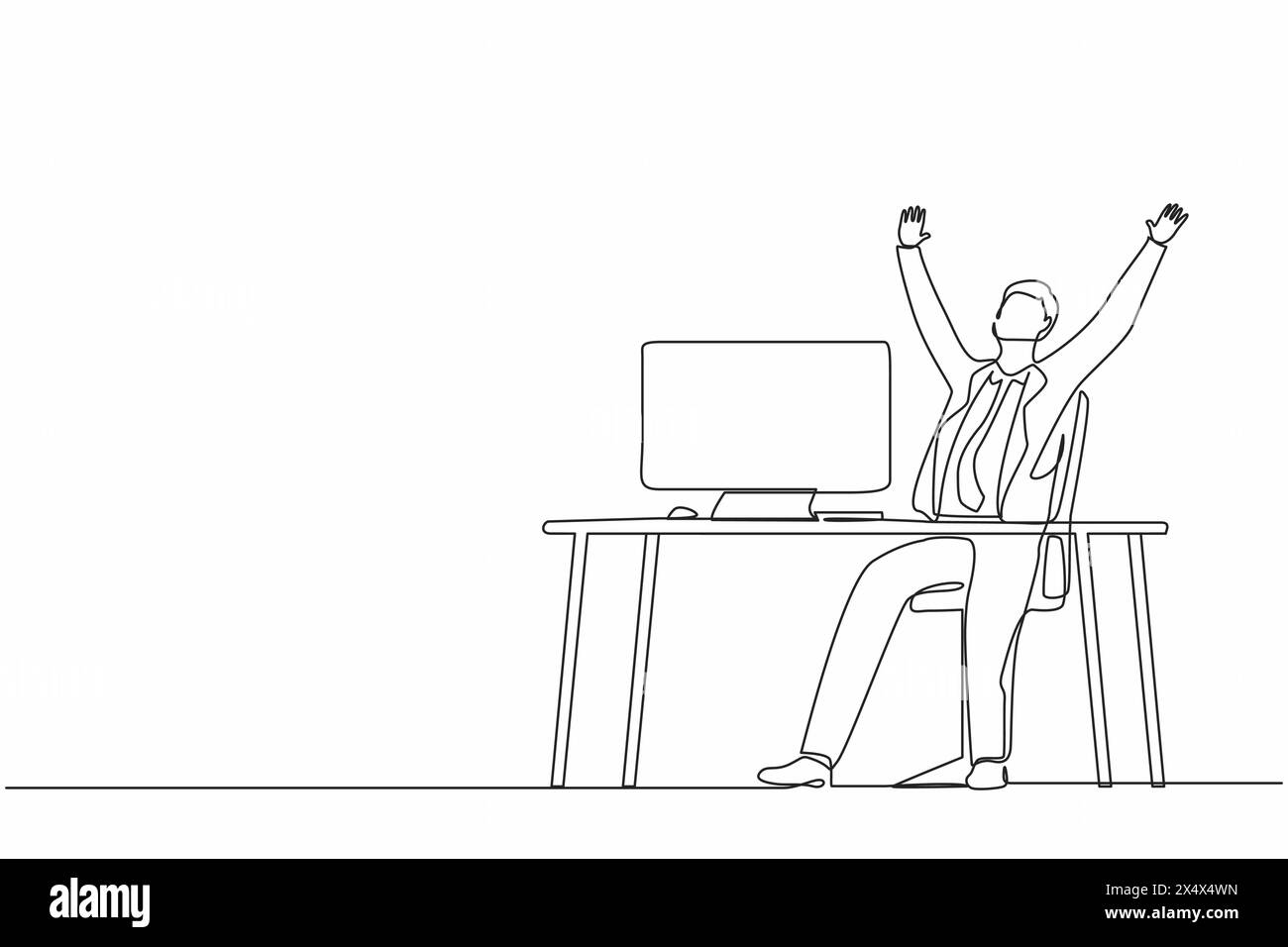 Continu une ligne dessinant homme d'affaires heureux assis avec les mains levées sur son lieu de travail. Les employés de bureau célèbrent le succès du projet de l'entreprise. Chantez Illustration de Vecteur