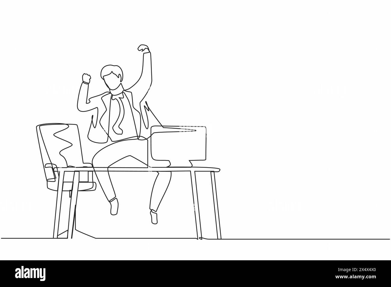 Simple dessin d'une ligne heureux homme d'affaires saut avec les mains levées sur son lieu de travail. Responsable masculin célébrant le succès de l'augmentation du produit de l'entreprise Illustration de Vecteur