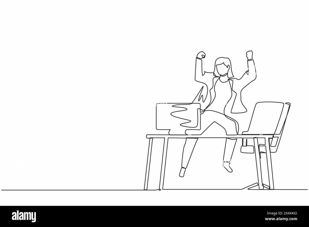 Continu d'une ligne dessinant femme d'affaires heureuse saut avec les mains levées sur son lieu de travail. Responsable féminin célébrant le succès de l'augmentation de la prod de l'entreprise Illustration de Vecteur