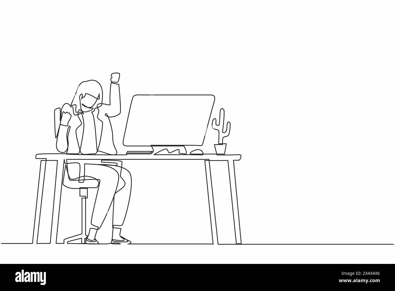 Simple une ligne dessinant femme d'affaires heureuse assise sur le lieu de travail avec une main levée haute et soulevée l'autre. L'employé célèbre l'augmentation de salaire pour Illustration de Vecteur Simple une ligne dessinant femme d'affaires heureuse assise sur le lieu de travail avec une main levée haute et soulevée l'autre. L'employé célèbre l'augmentation de salaire pour Illustration de Vecteur