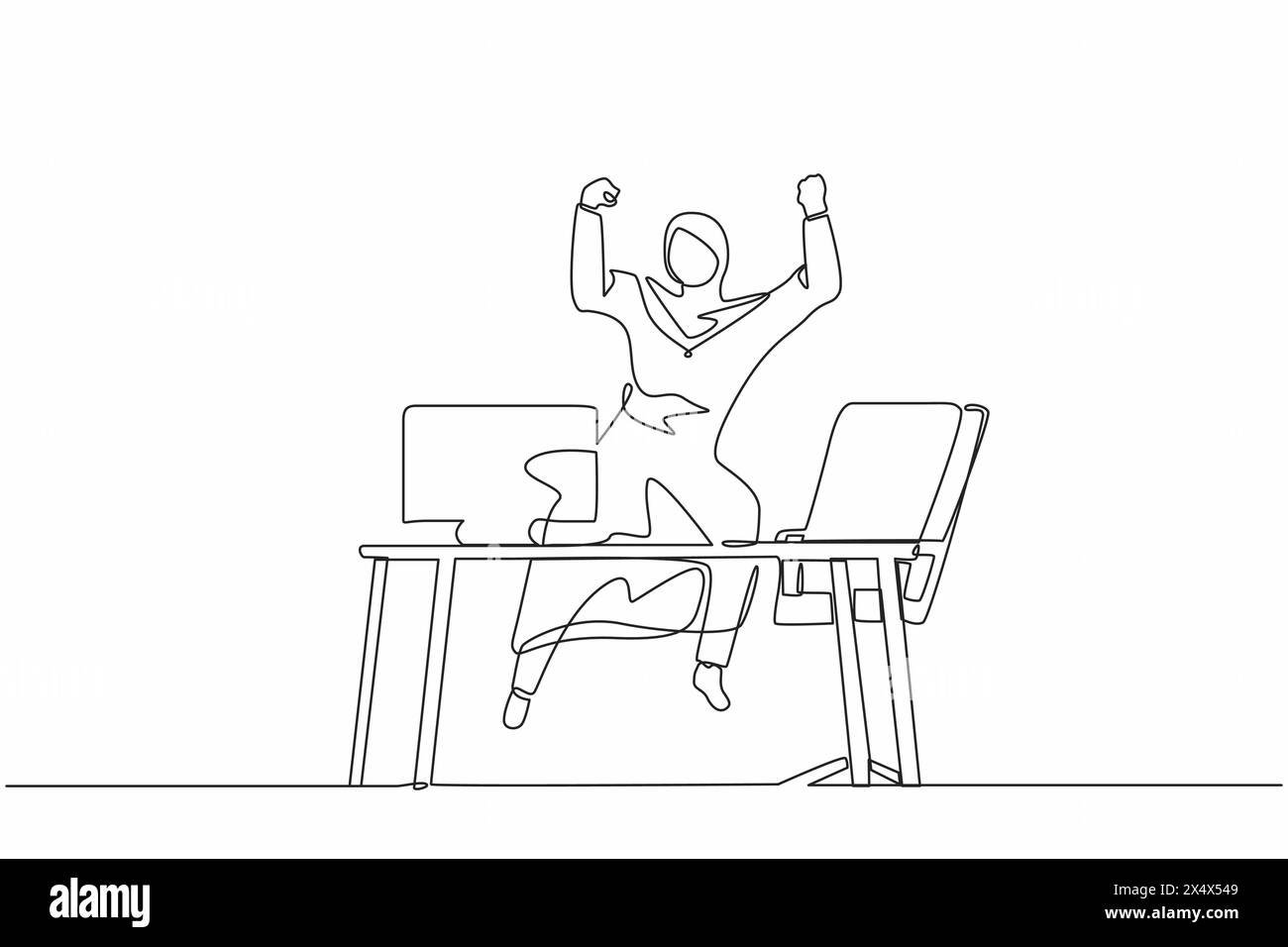 Simple dessin d'une ligne heureuse femme d'affaires arabe sauter avec les mains levées sur son lieu de travail. Responsable féminin célébrant le succès de l'augmentation des pro de l'entreprise Illustration de Vecteur