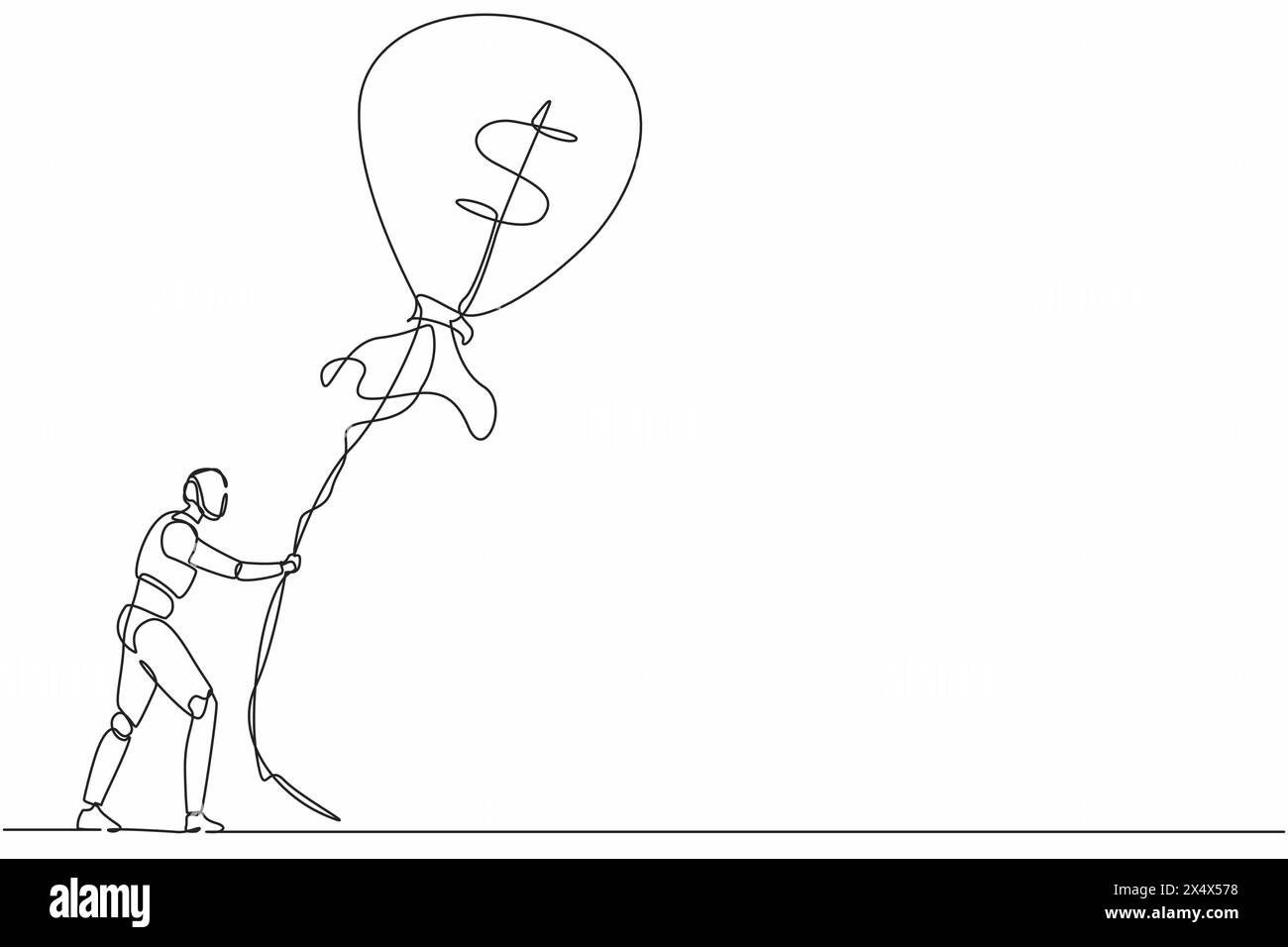 Robots de dessin continu d'une ligne tenant un ballon dollar de sac d'argent volant avec corde. Organisme cybernétique robot humanoïde. Futur concept robotique. Péché Illustration de Vecteur