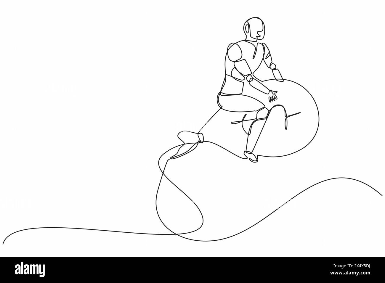 Robots dessinant une seule ligne continue à bord de fusées de gros sacs d'argent. Technologie moderne d'intelligence artificielle robotique. Industrie de la technologie électronique Illustration de Vecteur