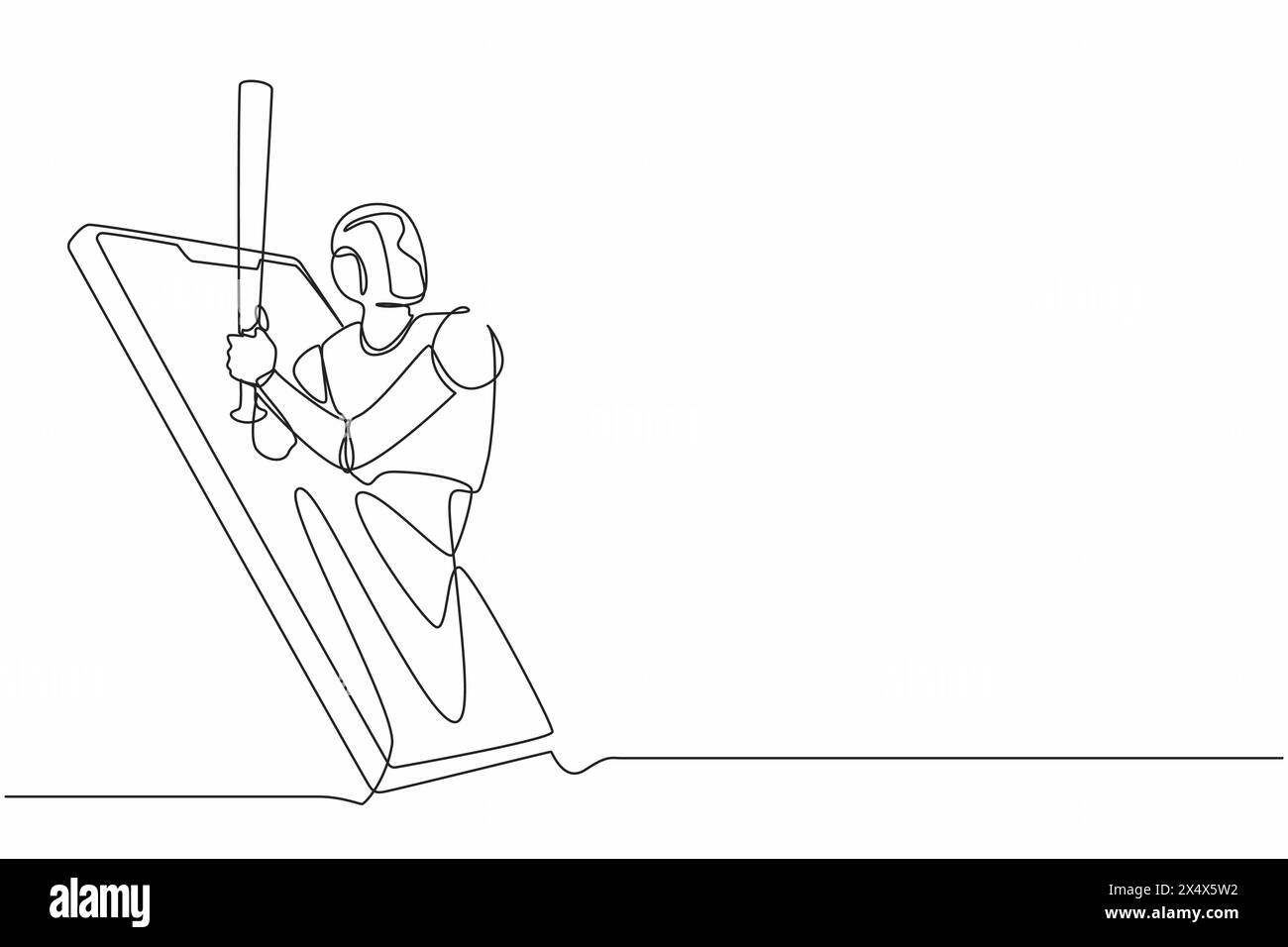 Robot de dessin continu d'une ligne sortent du téléphone cellulaire avec la pose du joueur de baseball. Organisme cybernétique robot humanoïde. Développement robotique futur Illustration de Vecteur
