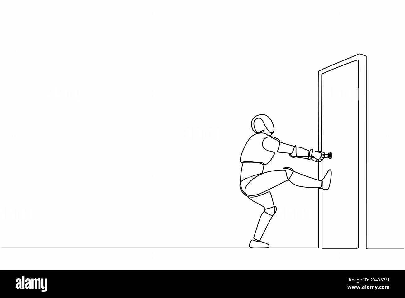 Robot de dessin unifilaire unique tirant le bouton de porte fermée avec alimentation. Technologie future. Intelligence artificielle et processus d'apprentissage automatique. Continu Illustration de Vecteur