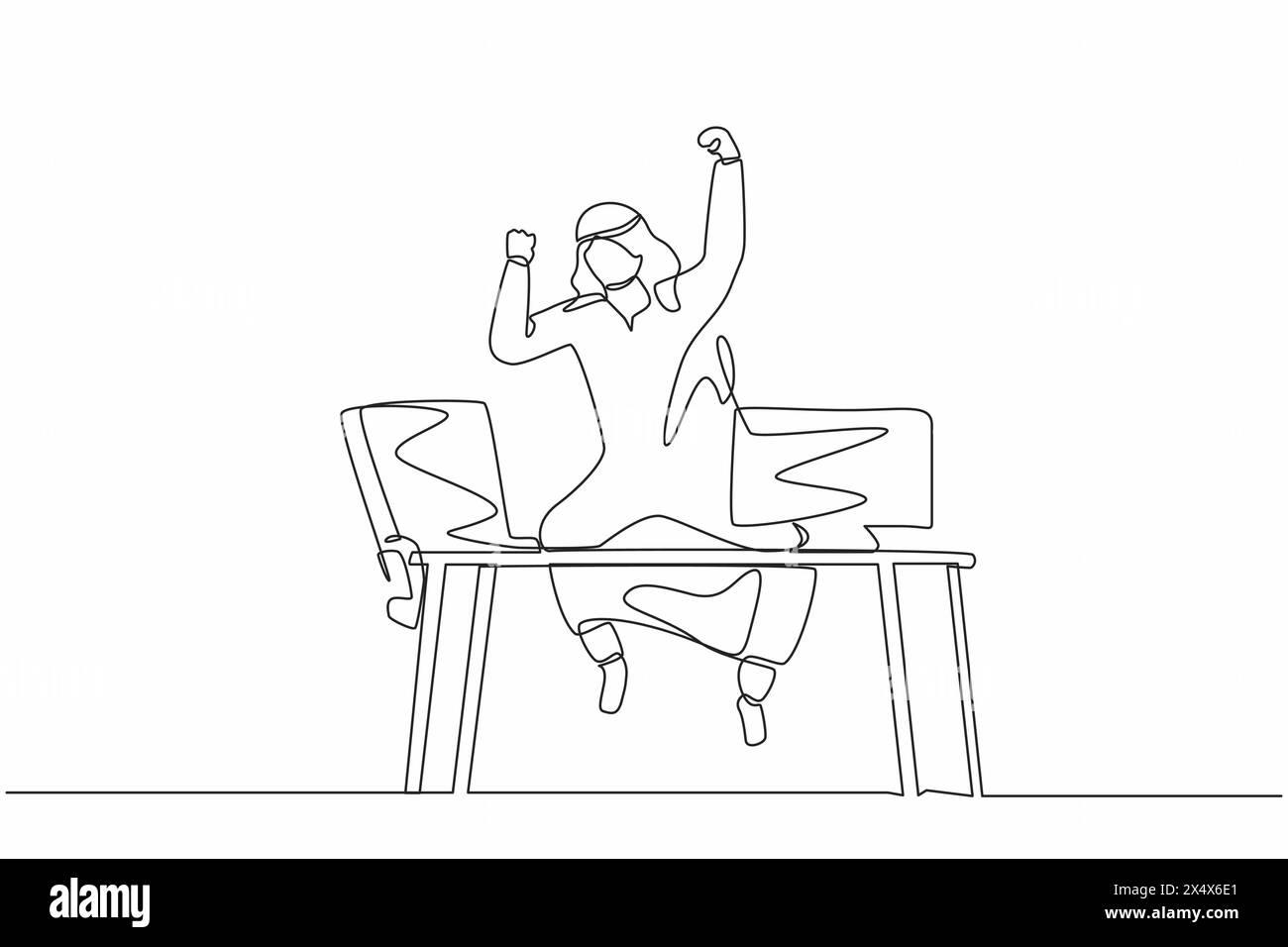 Simple dessin de ligne continue heureux homme d'affaires arabe saut avec les mains levées sur son lieu de travail. Directeur masculin célébrant le succès de l'entreprise croissante Illustration de Vecteur