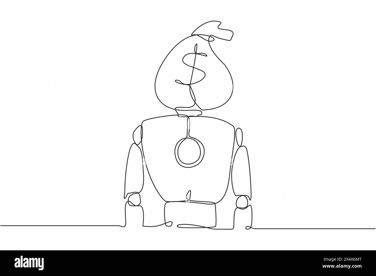 Robot de dessin simple à une ligne avec sac d'argent au lieu de la tête. Développement technologique futur. Intelligence artificielle et processus d'apprentissage automatique. CON Illustration de Vecteur