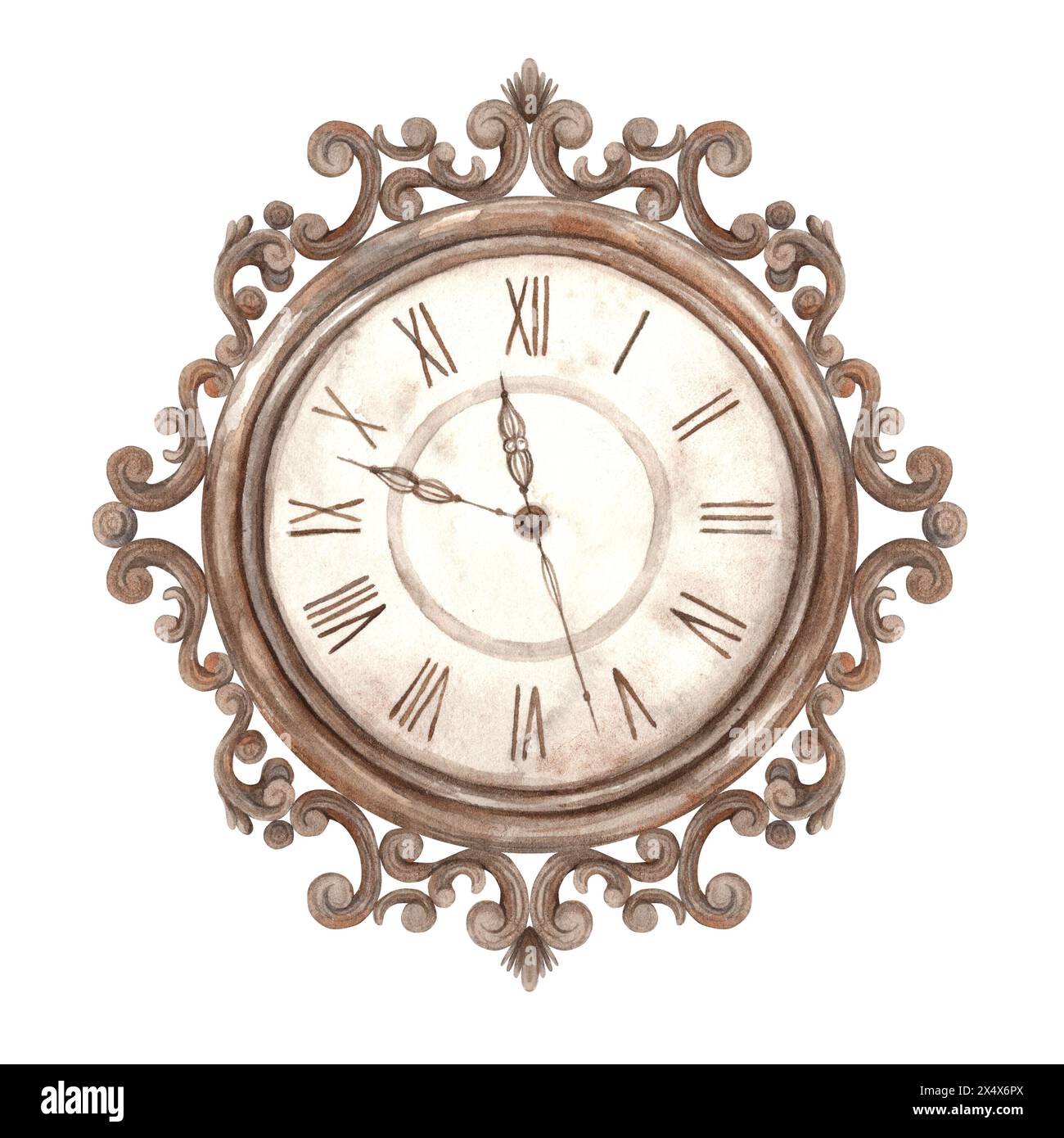 Horloge en cuivre ajourée vintage avec aiguilles. Illustration aquarelle dans le style vintage sur fond isolé. Dessin pour les vacances de Noël, invitat Banque D'Images