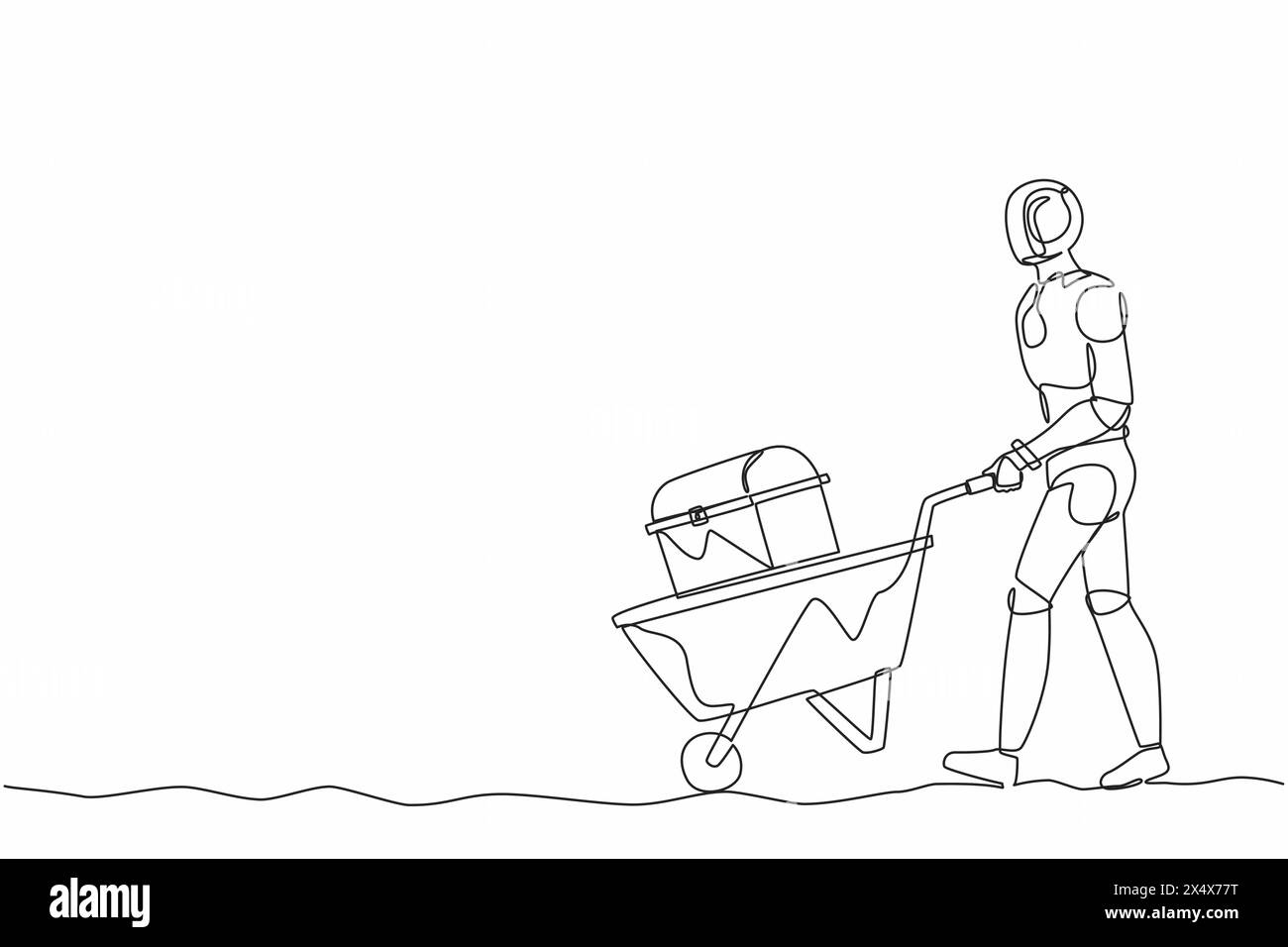 Robot de dessin simple à une ligne marchant et poussant chariot avec trésor de coffre. Développement technologique futur. Intelligence artificielle et lear machine Illustration de Vecteur