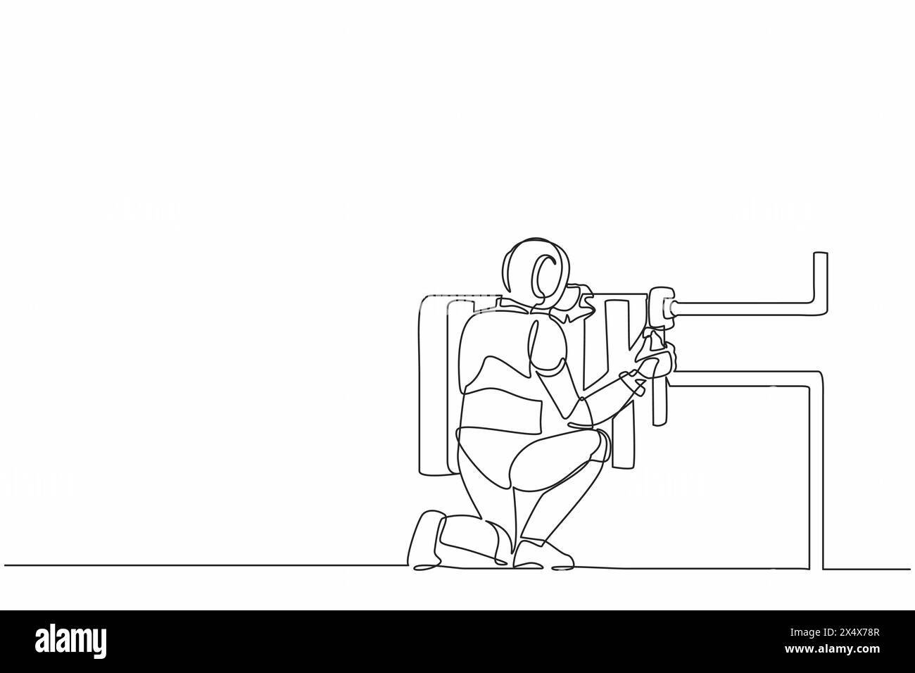 Plombier de robot de dessin continu à une ligne réparation et installation de radiateur de chauffage de batteries. Organisme cybernétique robot humanoïde. Robotique du futur. Illustration de Vecteur