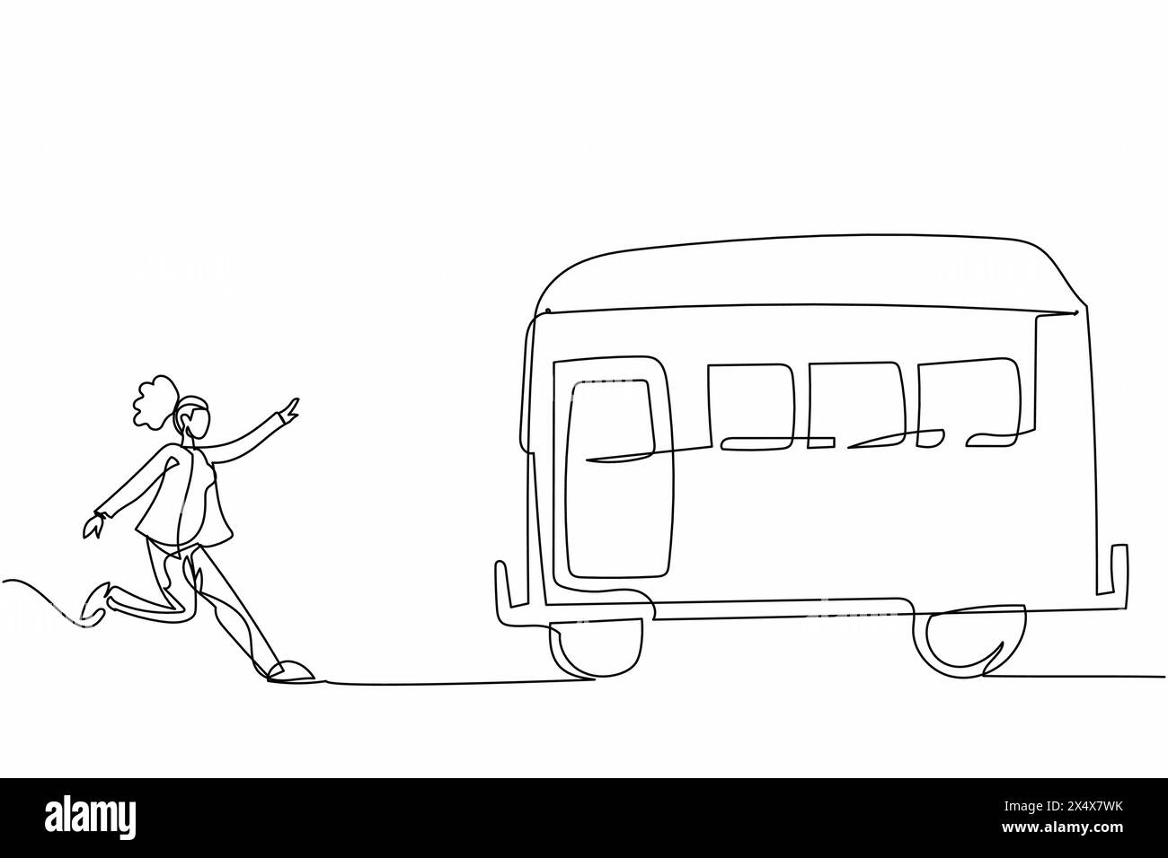 Simple une ligne dessinant la femme d'affaires courir après essayer d'attraper le train. Dépêchez-vous de courir pour obtenir le transport, le véhicule public de passagers. Métaphore des affaires Illustration de Vecteur