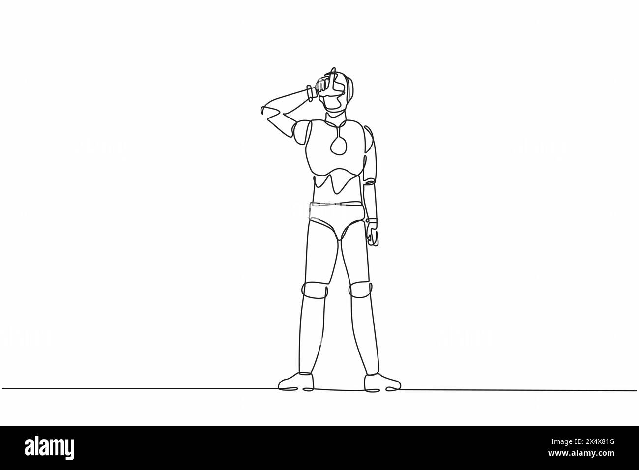 Robot de dessin continu d'une ligne faisant le symbole « l », montrant le signe du perdant sur le front avec les doigts. Organisme cybernétique robot humanoïde. Robotique du futur. Illustration de Vecteur