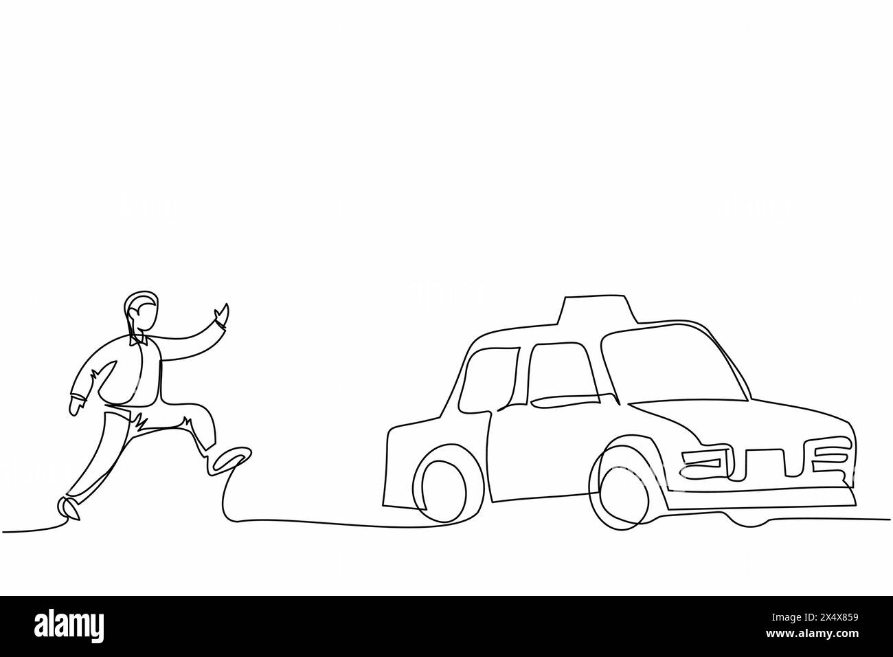 Simple une ligne dessinant homme d'affaires courir après essayer d'attraper taxi taxi taxi. Dépêchez-vous de courir pour obtenir une voiture, un véhicule de tourisme public jaune. Métaphore des affaires. Illustration de Vecteur