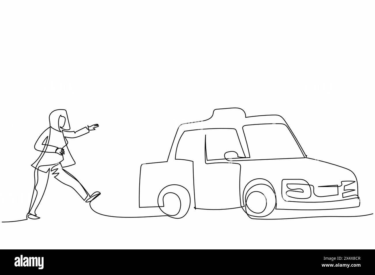 Continue d'une ligne dessinant la femme d'affaires courir après essayer d'attraper le taxi taxi. Dépêchez-vous de courir pour obtenir une voiture, un véhicule de tourisme public jaune. Affaires rencontrées Illustration de Vecteur