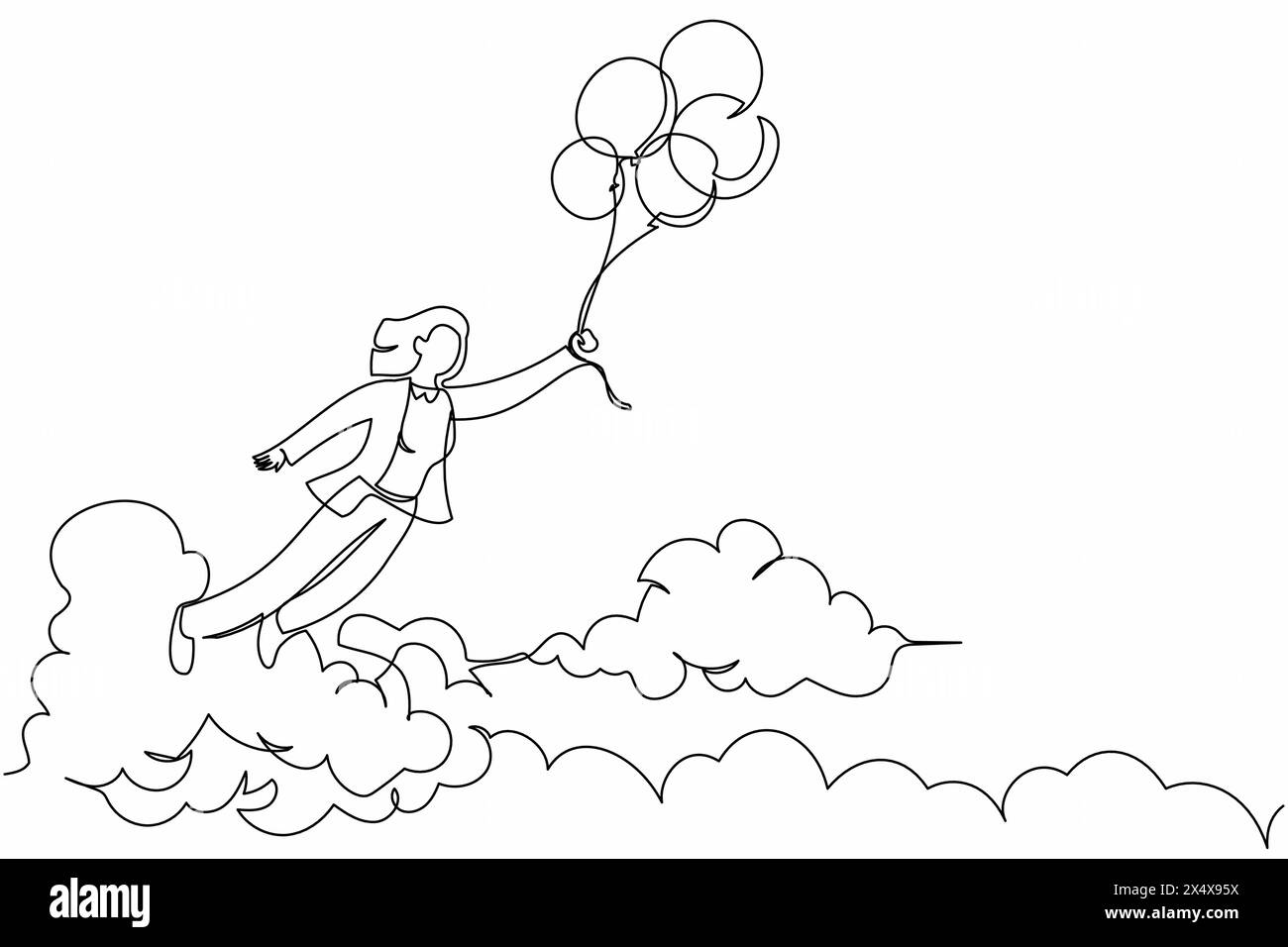 Continue d'une ligne dessinant heureuse riche femme d'affaires volant avec l'air de ballon dans le ciel. Les employés de bureau accèdent à l'indépendance financière. Ligne unique Illustration de Vecteur