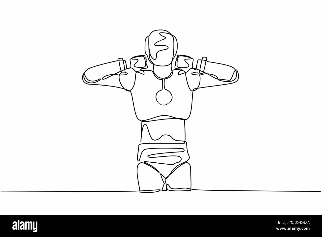 Robot dessinant une ligne continue unique debout avec un geste de signe du pouce vers le bas. N'aime pas, n'est pas d'accord, déception, désapprouve, pas d'accord. Robot artificiel Illustration de Vecteur