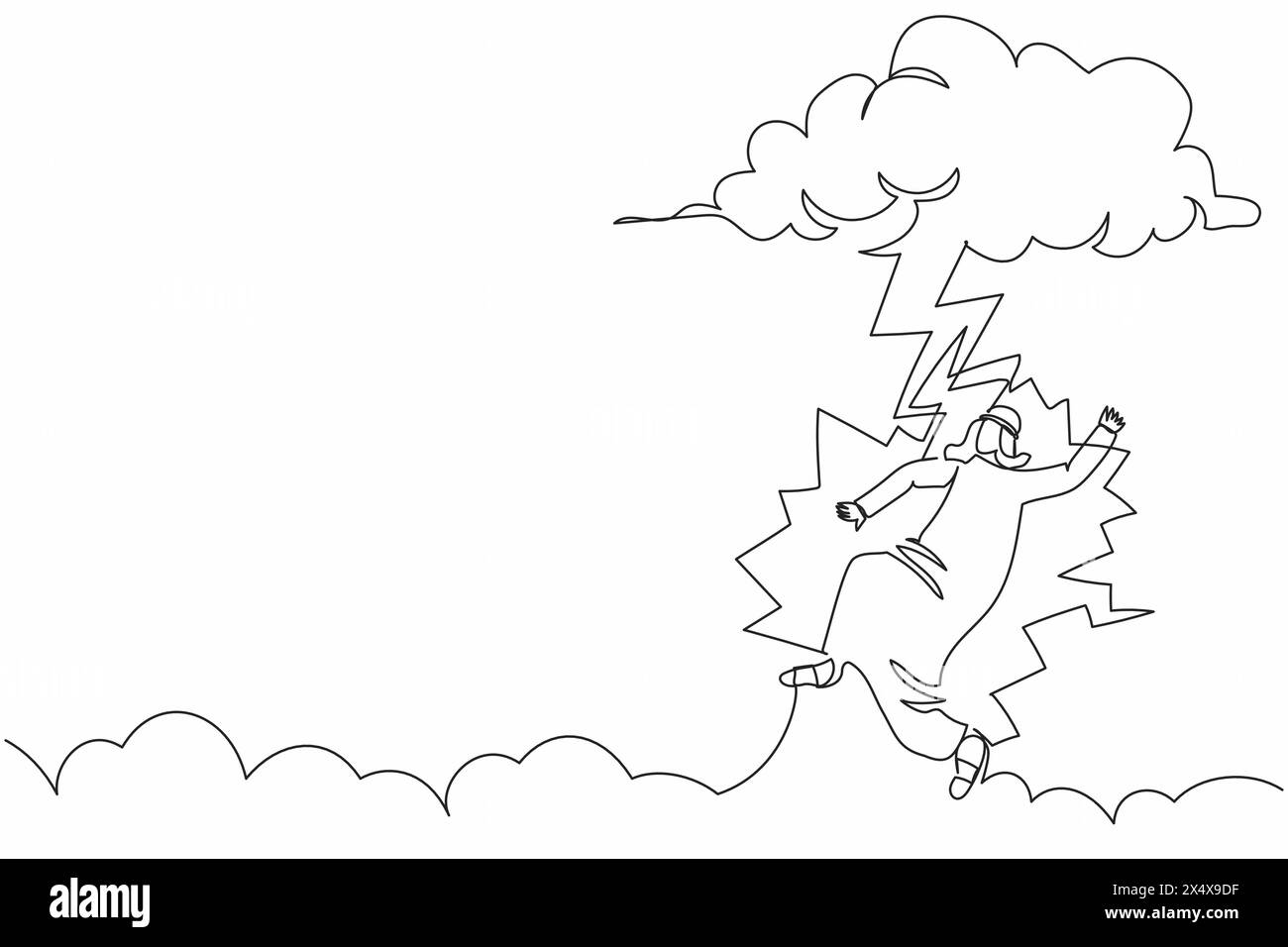 Ligne continue unique dessinant malchanceux homme d'affaires arabe frappé par la foudre ou le tonnerre d'un nuage sombre. Malchance, misère, désastre, risque, danger. O Illustration de Vecteur