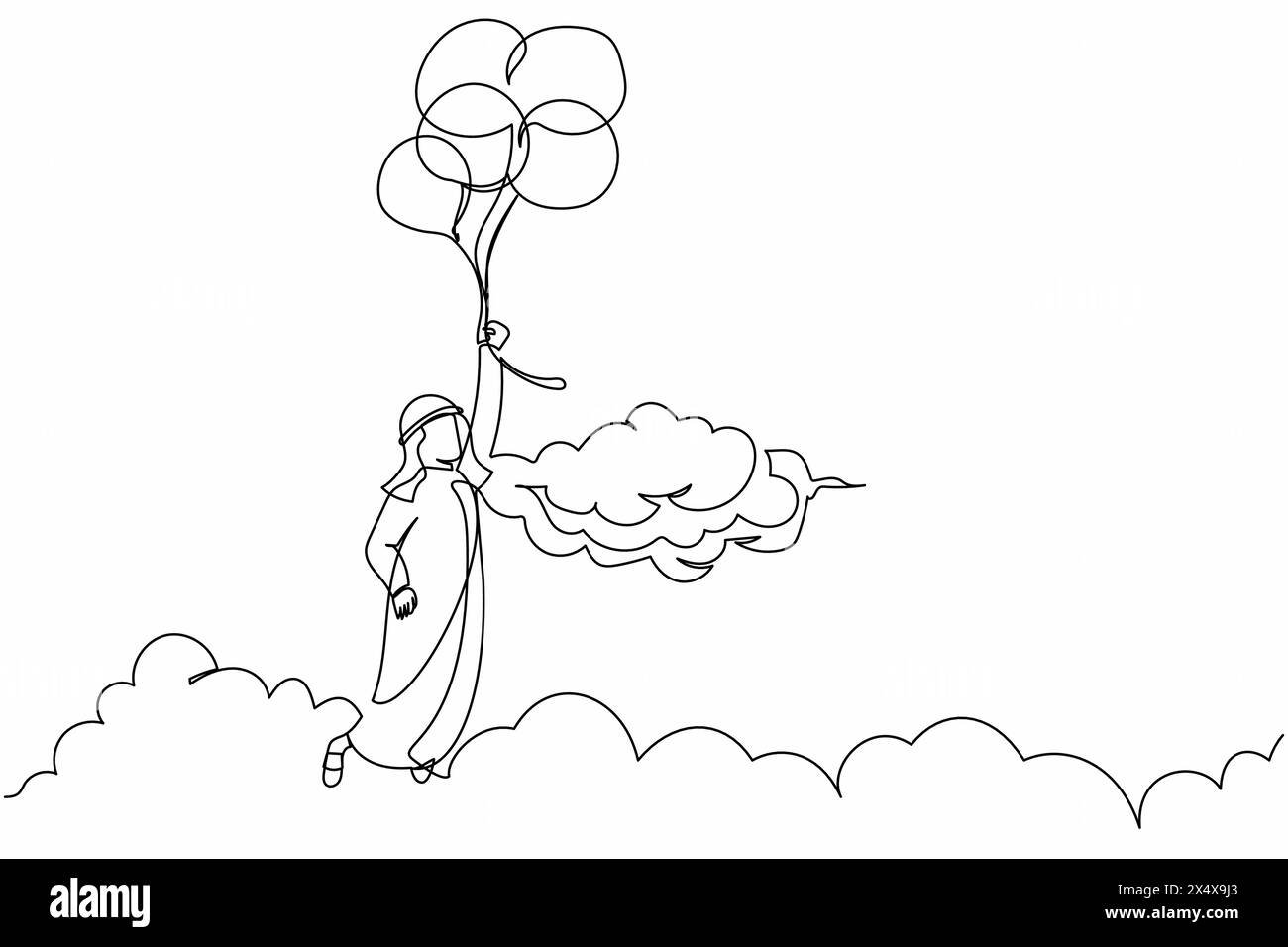 Ligne continue unique dessinant homme d'affaires arabe volant avec ballon à travers le nuage. L'employé atteint son objectif, sa cible, trouve une solution. Liberté financière. Illustration de Vecteur