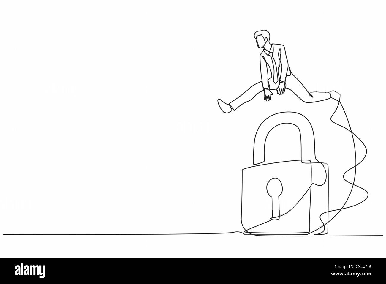 Simple une ligne dessinant homme d'affaires sautant par-dessus la grande serrure. Résoudre un problème d'entreprise, des solutions professionnelles, clé de succès ou déverrouiller l'accessibilité des affaires Illustration de Vecteur