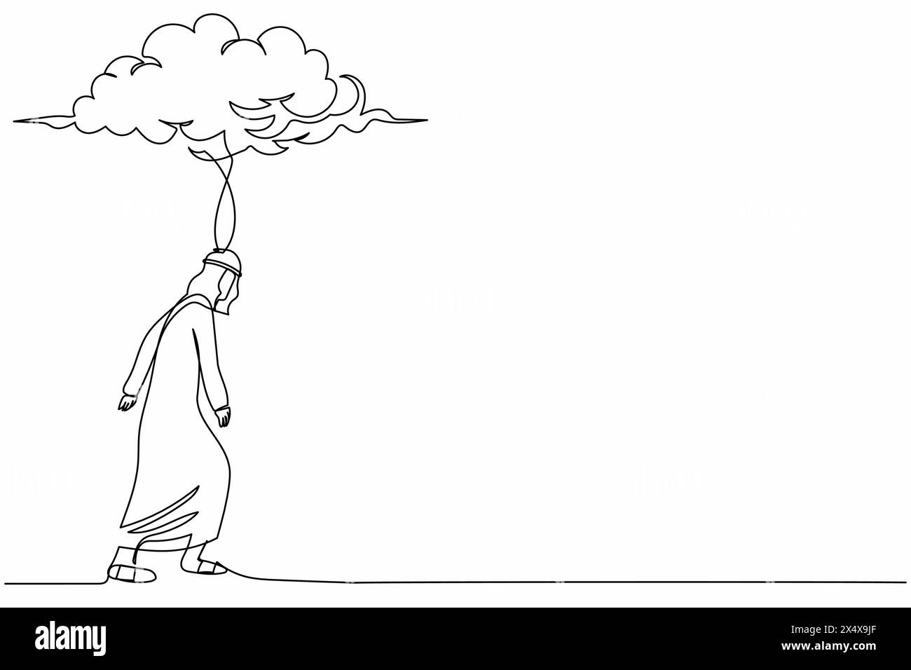 Simple une ligne dessinant un homme d'affaires arabe déprimé marchant sous le nuage de pluie. Malheureux perdant triste dépression masculine. Solitude par temps couvert. Contin Illustration de Vecteur