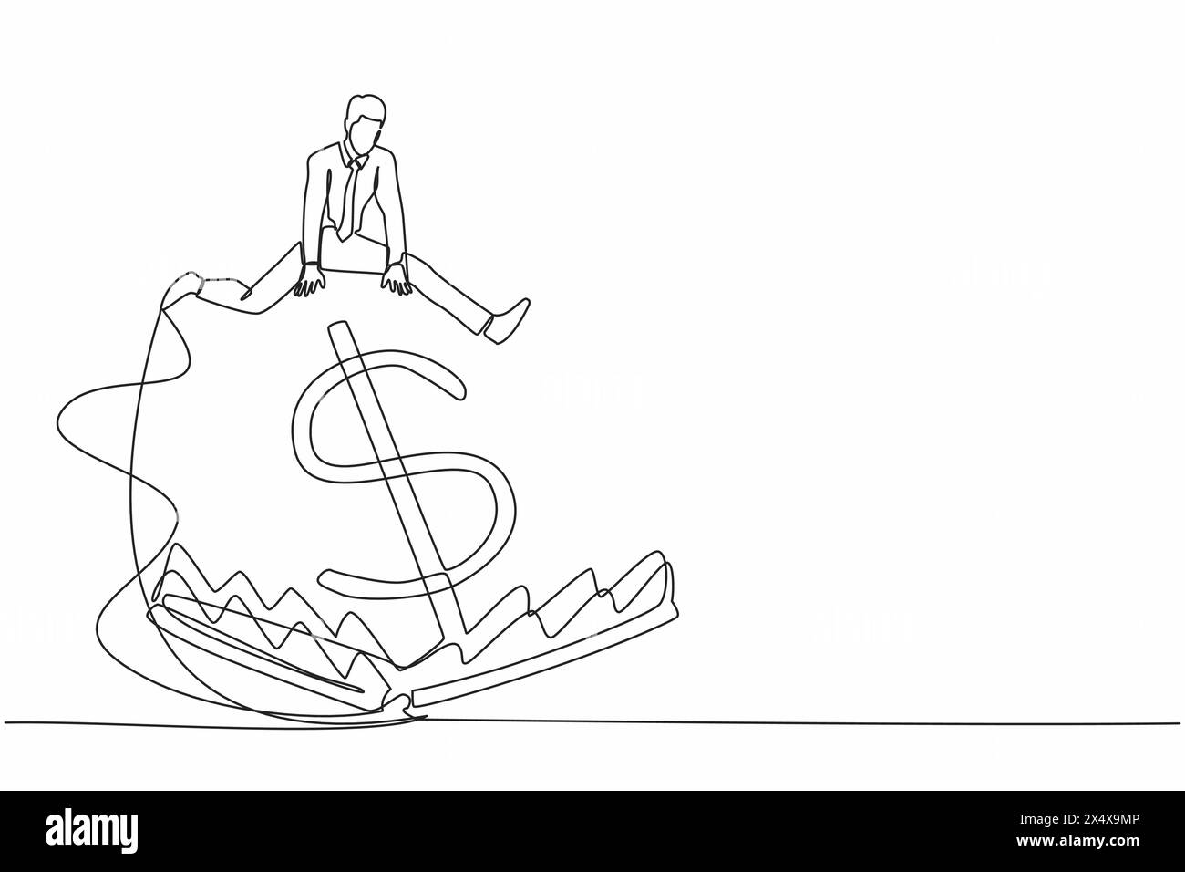 Simple une ligne dessinant homme d'affaires sautant par-dessus le piège de l'argent ou le piège de la souris avec le grand argent dollar signe appât. Piège à argent financier, risque dans l'investissement Illustration de Vecteur
