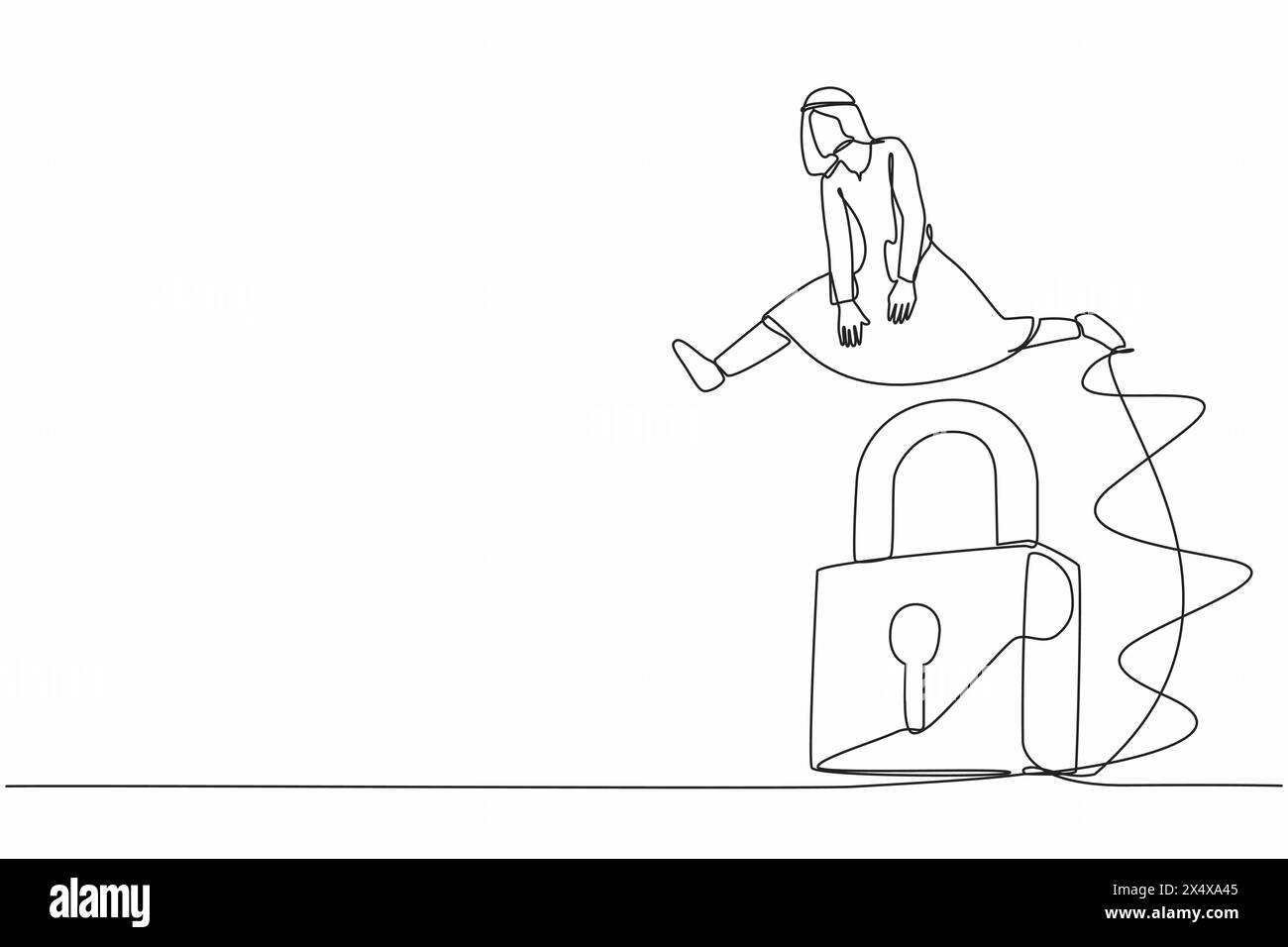Ligne continue unique dessinant homme d'affaires arabe sautant par-dessus la grande serrure. Déverrouiller le secret d'opportunité commerciale. Résoudre le problème d'affaires, soluti professionnel Illustration de Vecteur
